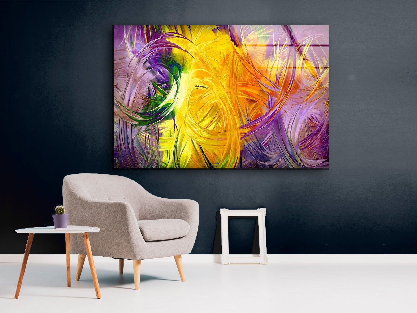 Abstract Art Yellow Fractal Glass Wall Decor - Modern Geometric Artwork for Living Room, Bedroom & Office Decor