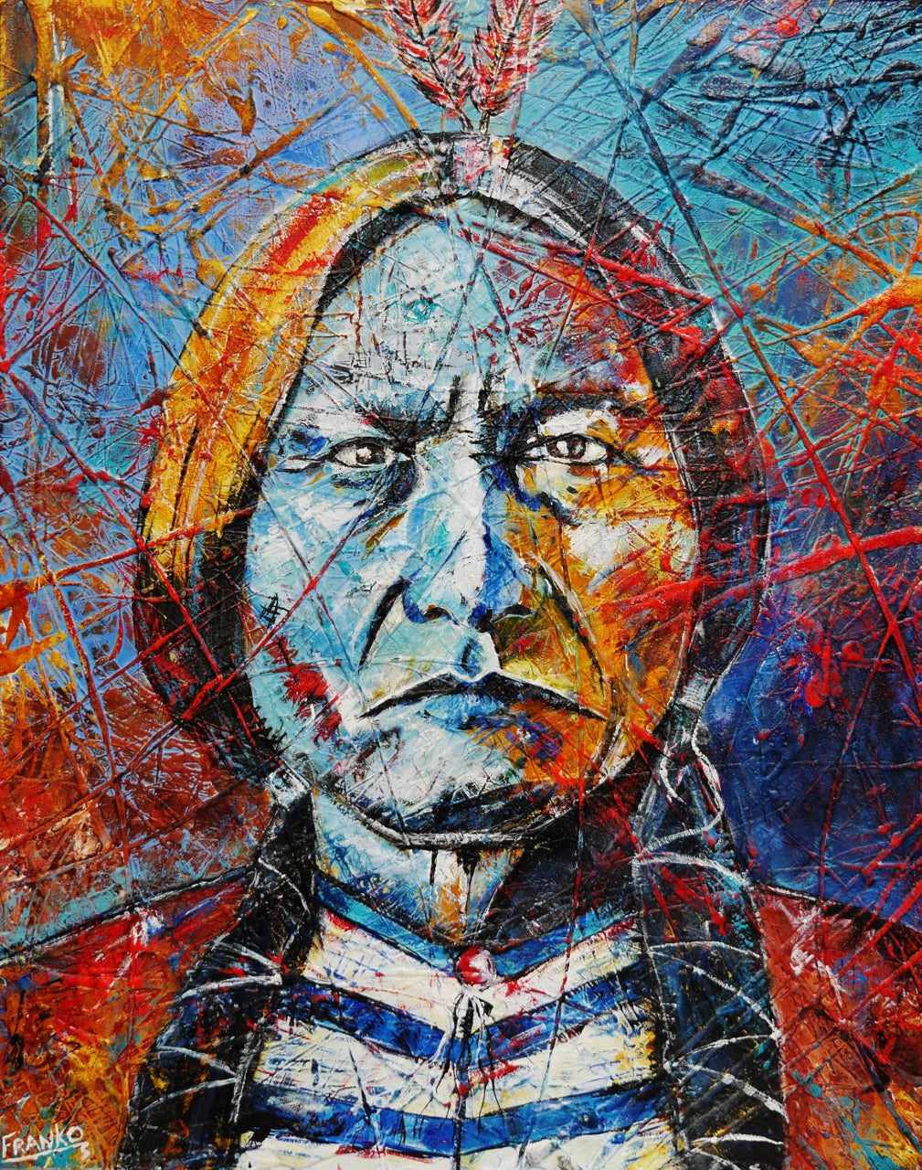 Raging Bull 120cm x 150cm Abstract Realism Painting of Sitting Bull Indian Chief - Urban Pop Art Wall Decor for Living Room, Office & Bedroom