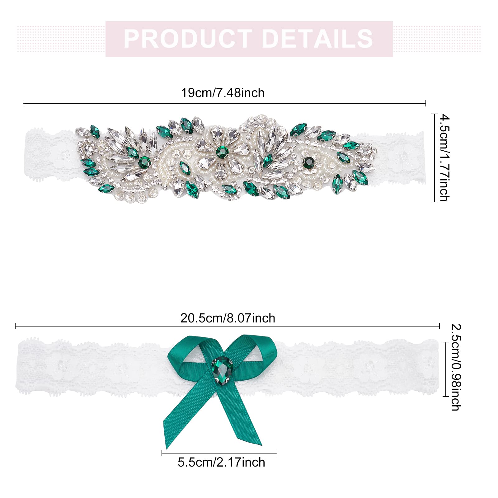 WEBEEDY 2Pcs Rhinestone Wedding Garter Set - Stretch Lace Bridal Garter Belt with Sparkling Rhinestones, Elegant Green Lace Leg Garter for Bride - Perfect for Wedding, Boudoir, Bridal Shower & Photo Shoots