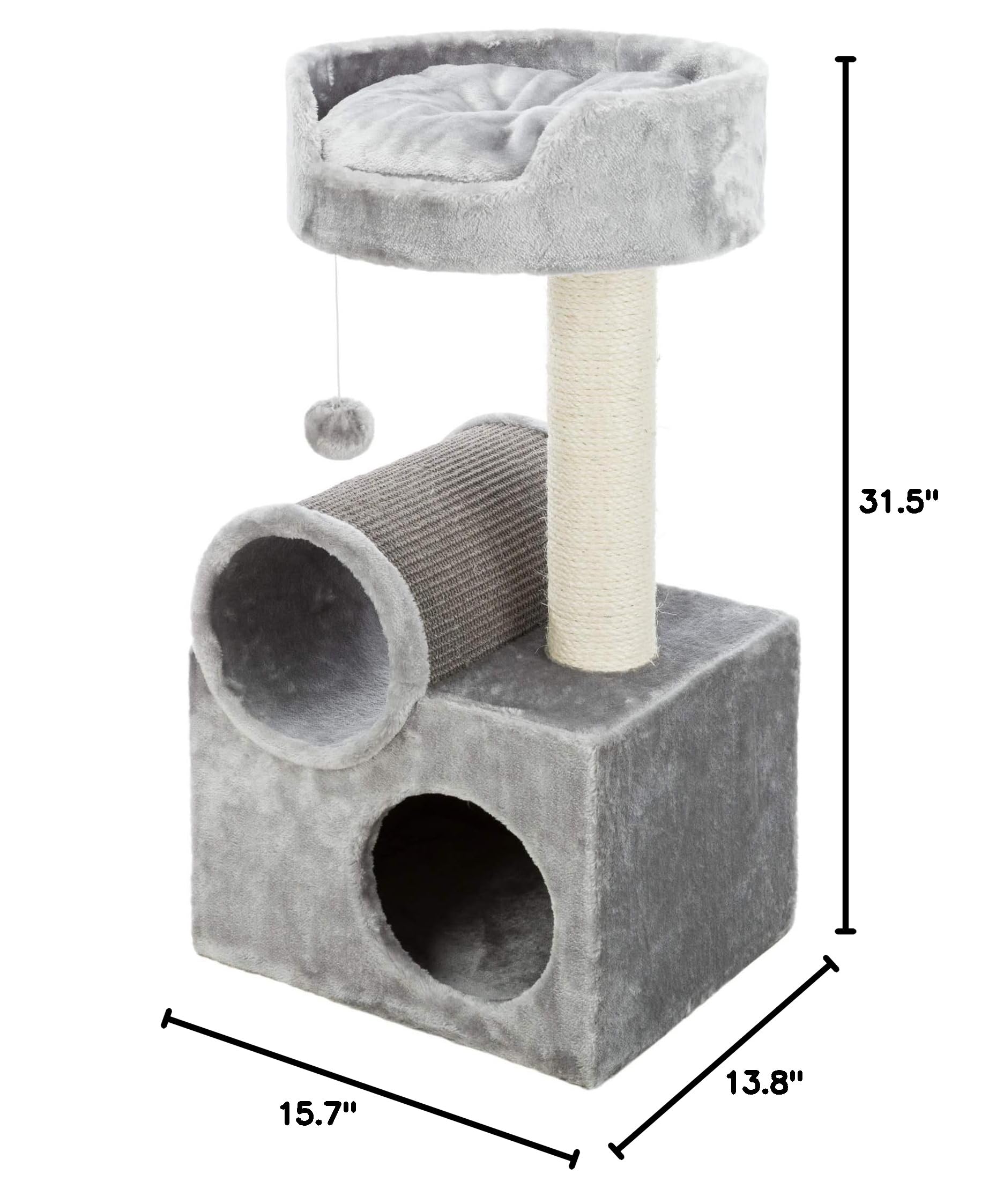 TRIXIE 31.5 Inch Cat Scratching Post with Sisal Rope - Multi-Level Cat Tree with Tunnel, Condo, Platform & Removable Cushion - Includes Dangling Toy for Indoor Cats - Gray Cat Furniture for Play & Relaxation