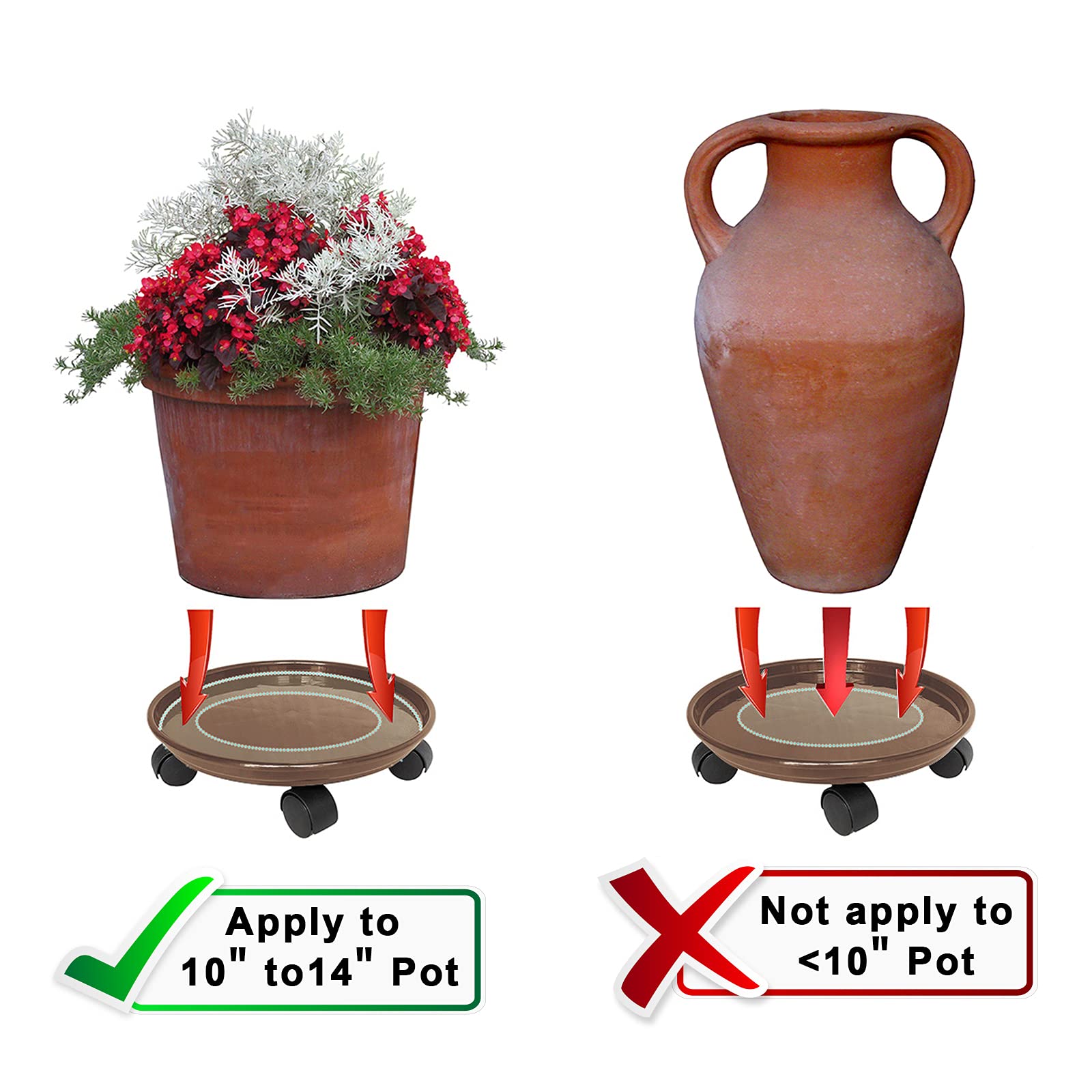 2 Pack 14 Inch Rolling Plant Caddy with 5 Wheels - Heavy Duty Round Flower Pot Mover for Indoor/Outdoor Use - Plant Dolly Trolley for Garden, Patio, Balcony & Home Decor (Brown)