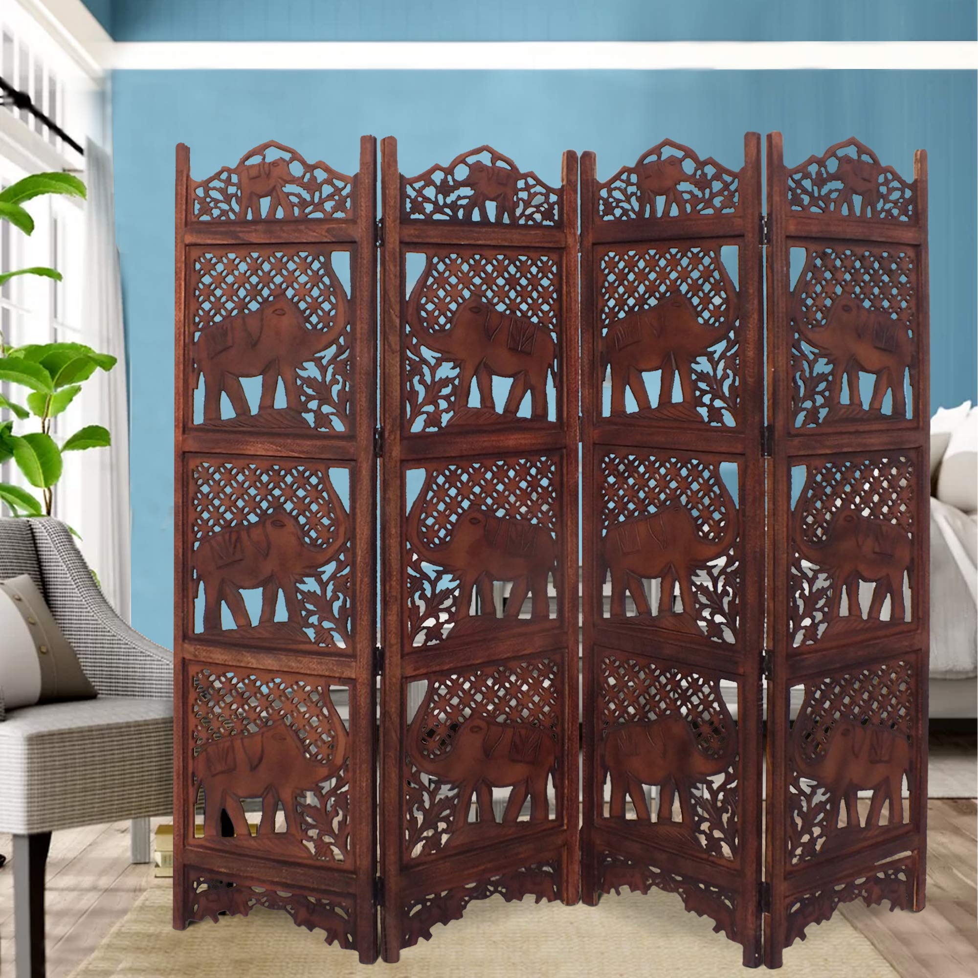 Hand Carved Elephant Design Foldable 4-Panel Wooden Room Divider - Brown Wood Partition Screen for Living Room, Bedroom & Office Decor | BM34823 by Benzara