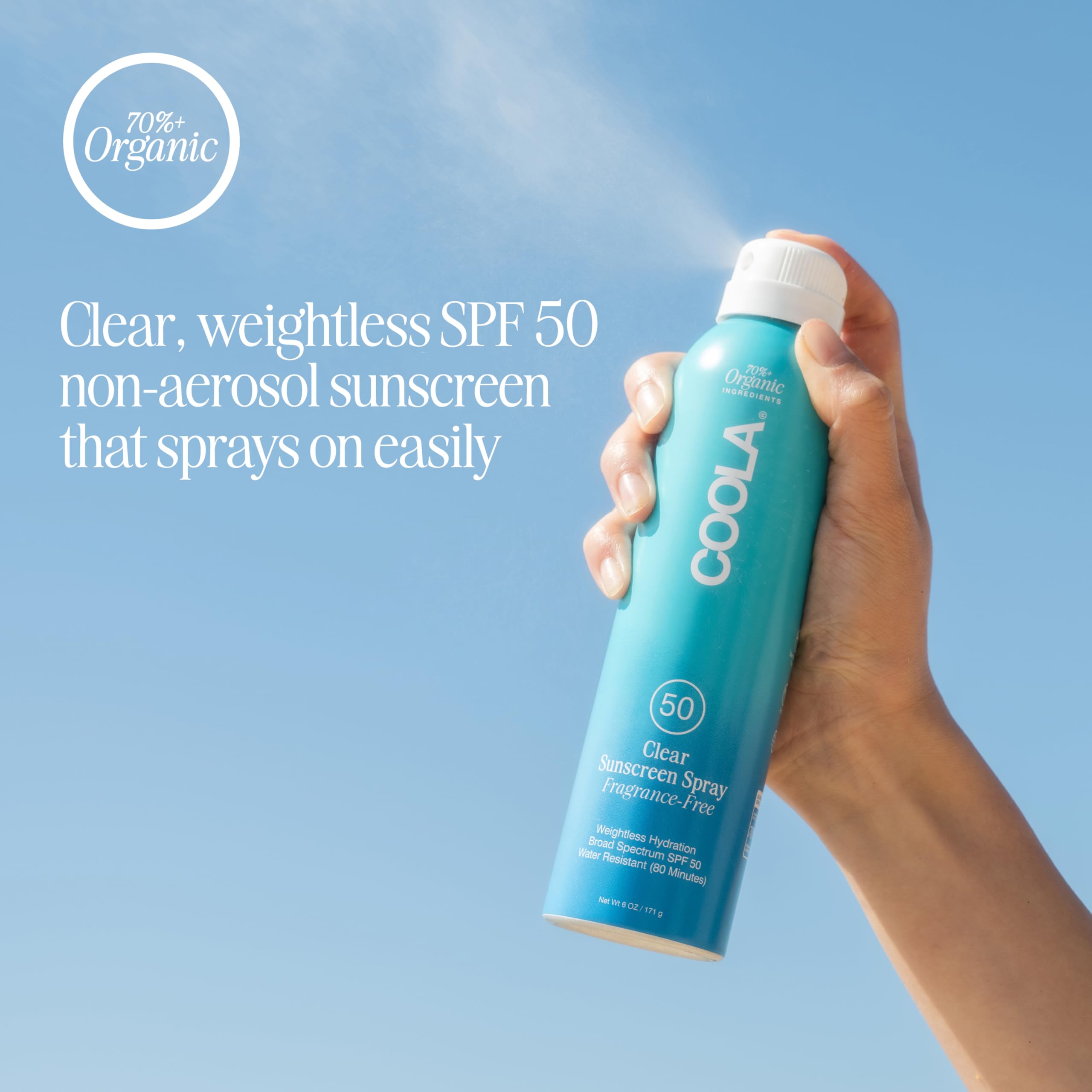 COOLA Organic Sunscreen SPF 50 Sunblock Spray Set - Dermatologist Tested, Vegan & Gluten Free, Fragrance Free (6oz + 2oz Travel Size) | Daily Face & Body Protection for Beach, Pool & Outdoor Activities
