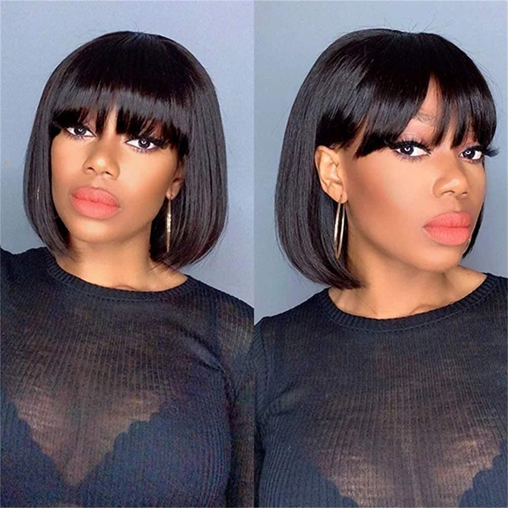 100% Brazilian Virgin Human Hair Short Bob Wigs with Bangs - 12 Inch Straight Glueless Machine Made Wig for Black Women | Natural Color | Perfect for Daily Wear, Cosplay & Special Occasions
