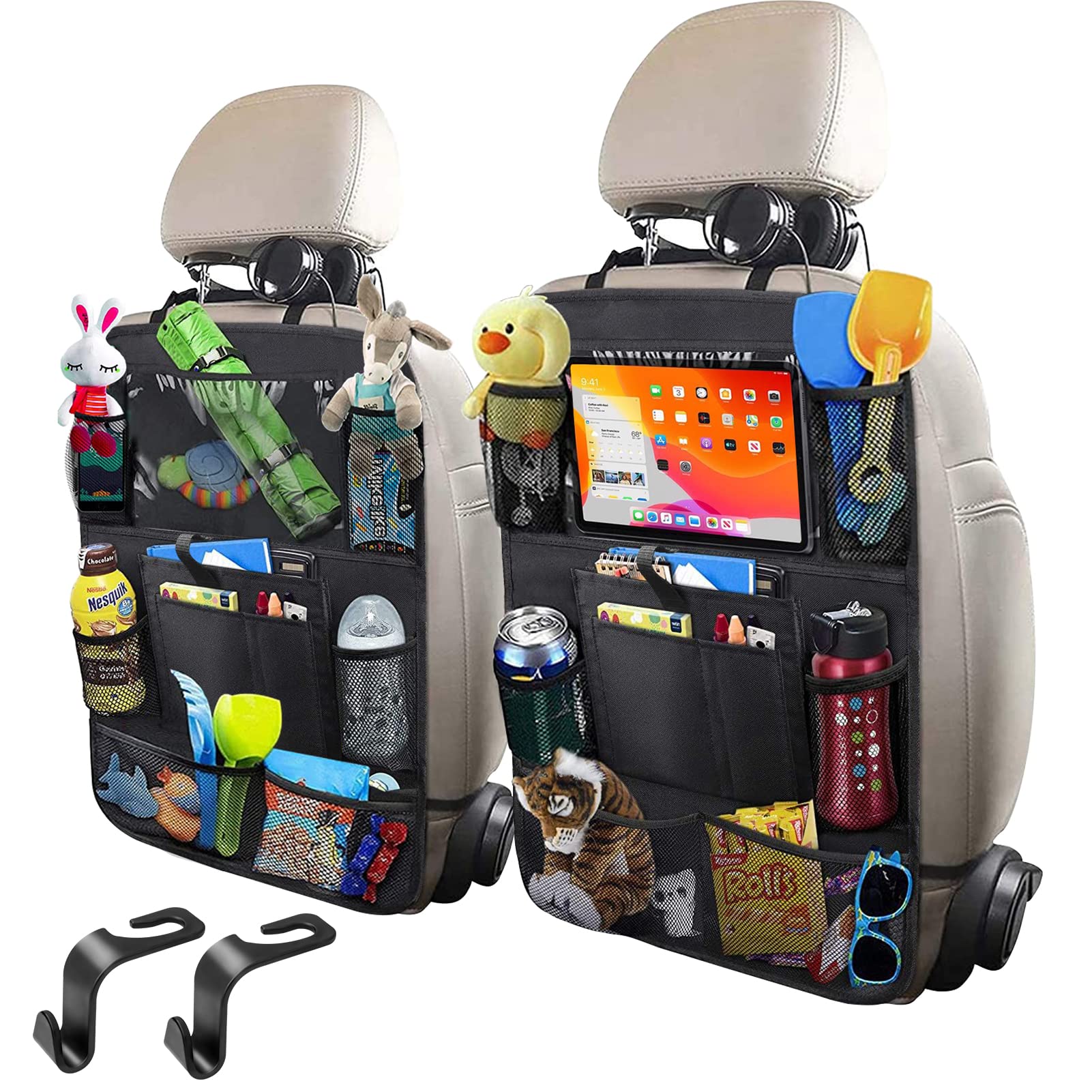 Durable Waterproof Car Backseat Organizer with Tablet Holder - 2 Pack Oxford Fabric Storage for Kids Toys & Snacks - 8 Mesh Pockets & 2 Large Pockets - Perfect for Road Trips & Family Travel Accessories