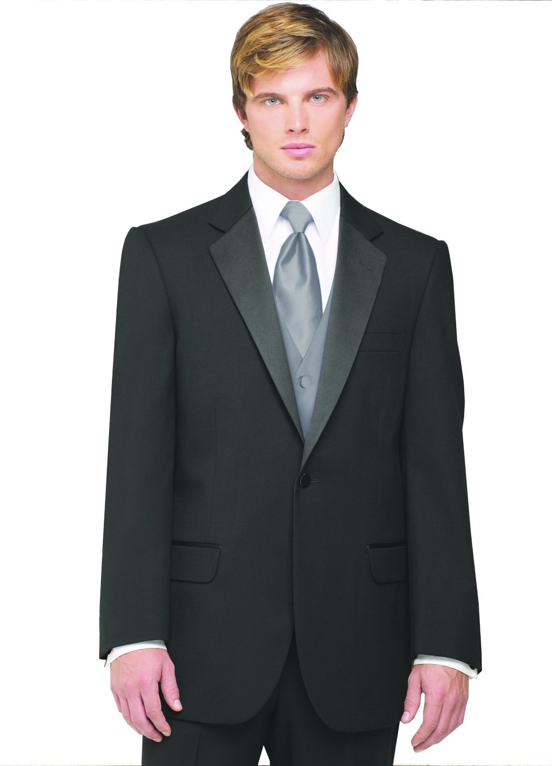 7-Piece Men's Tuxedo Suit with Flat Front Pants, Silver Vest & Tie | Formal Wedding Attire, Prom Outfit & Black Tie Event Wear