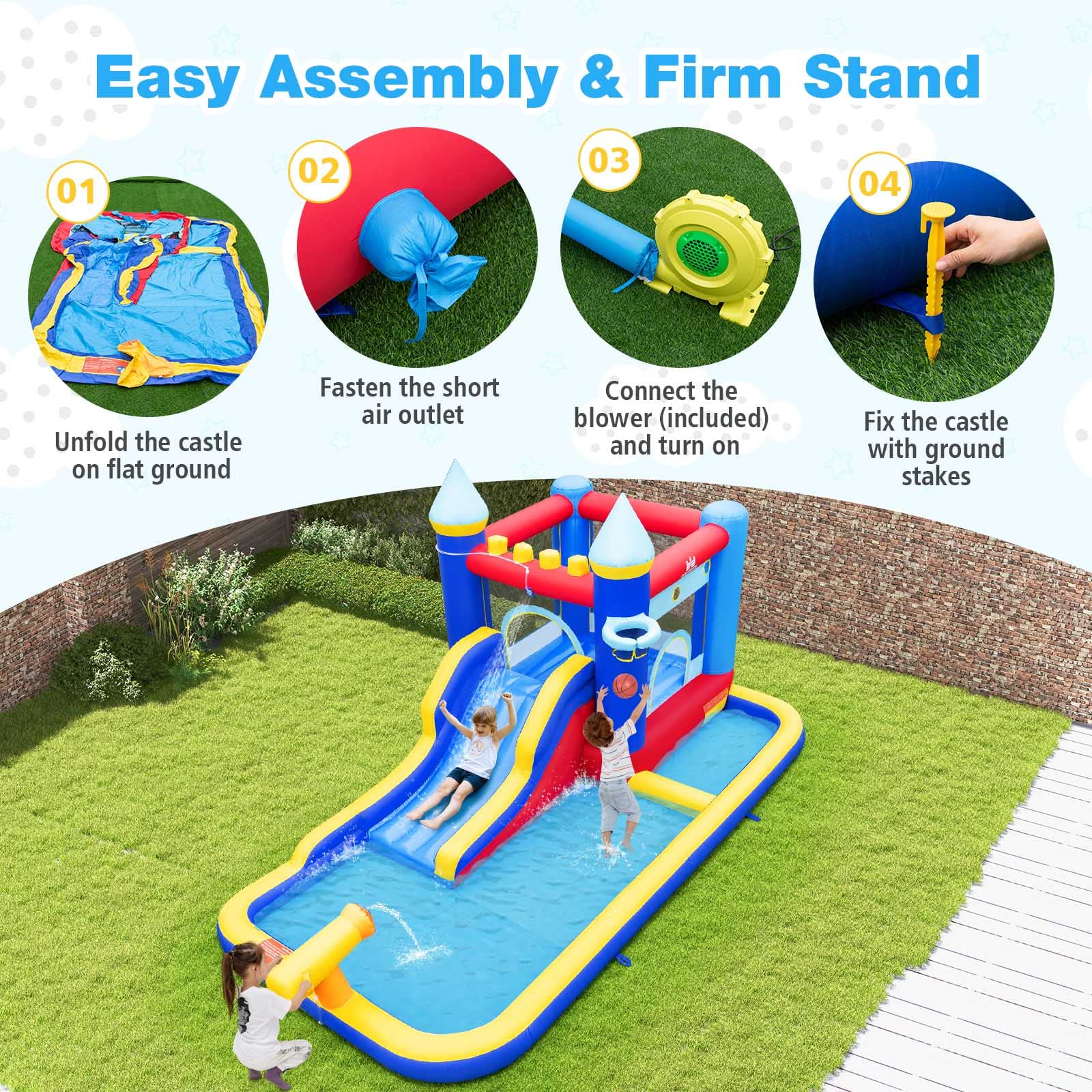 BOUNTECH Inflatable Water Slide with Ball Pit - 735W Blower Included - Kids Bounce House for Outdoor Backyard Parties, Summer Fun, Birthday Gifts & Water Play Activities