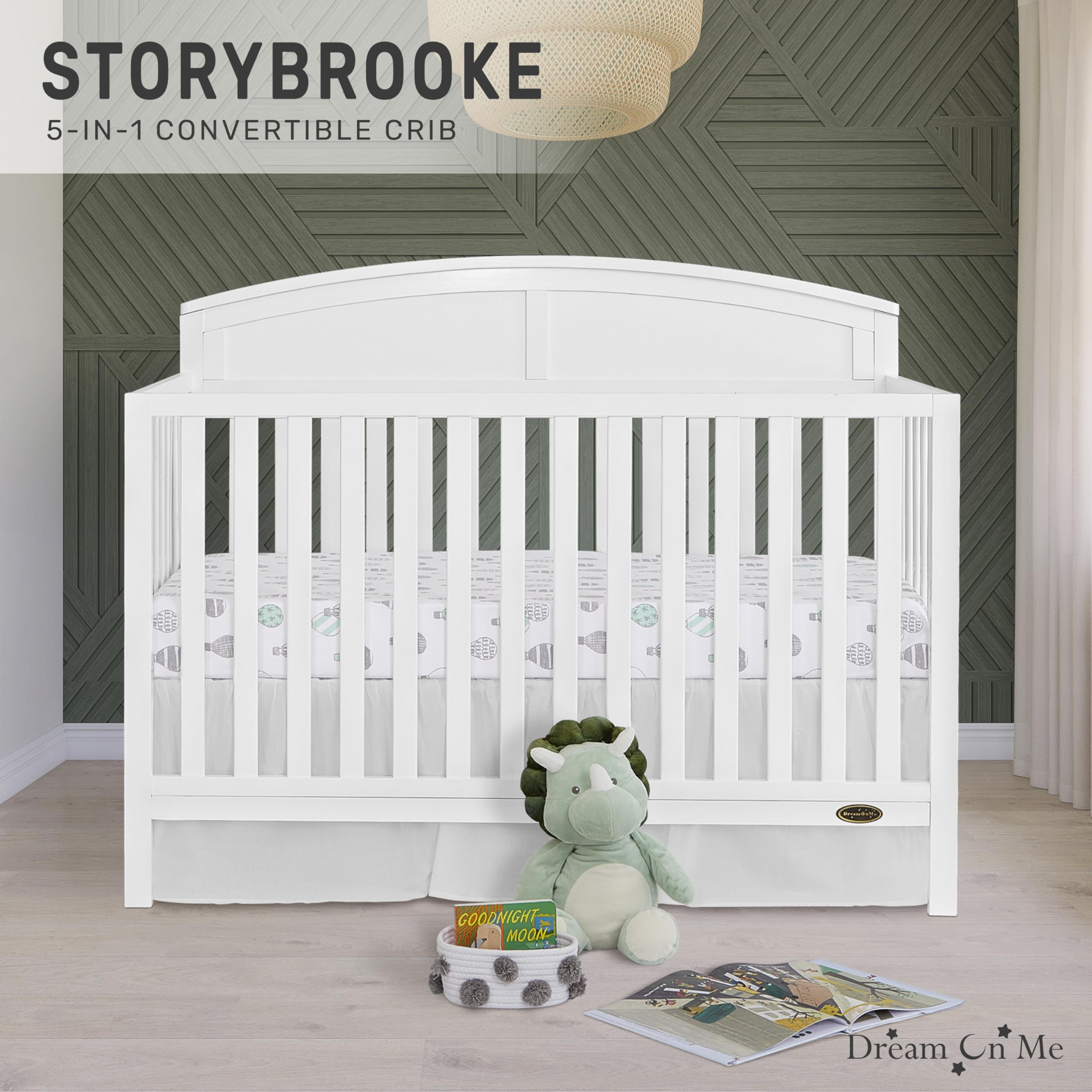 EVOLUR Dream On Me Storybrooke 5-in-1 Convertible Baby Crib - White | JPMA & Greenguard Gold Certified | Sustainable Pinewood Construction | 3 Adjustable Mattress Heights | Non-Toxic Water-Based Paint | Perfect for Nursery, Bedroom & Daycare Use