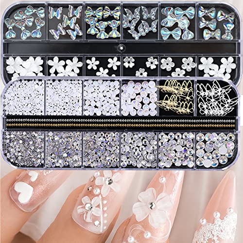 3D Butterfly White Flowers Nail Charms - Acrylic Polar Butterfly Nail Art Decorations with Starry AB Crystal Rhinestones, Gems & Pearls - Multi Sizes for DIY Nail Art, Jewelry Making & Craft Projects - Perfect for Manicures, Bridal Nails & Party Nail Designs