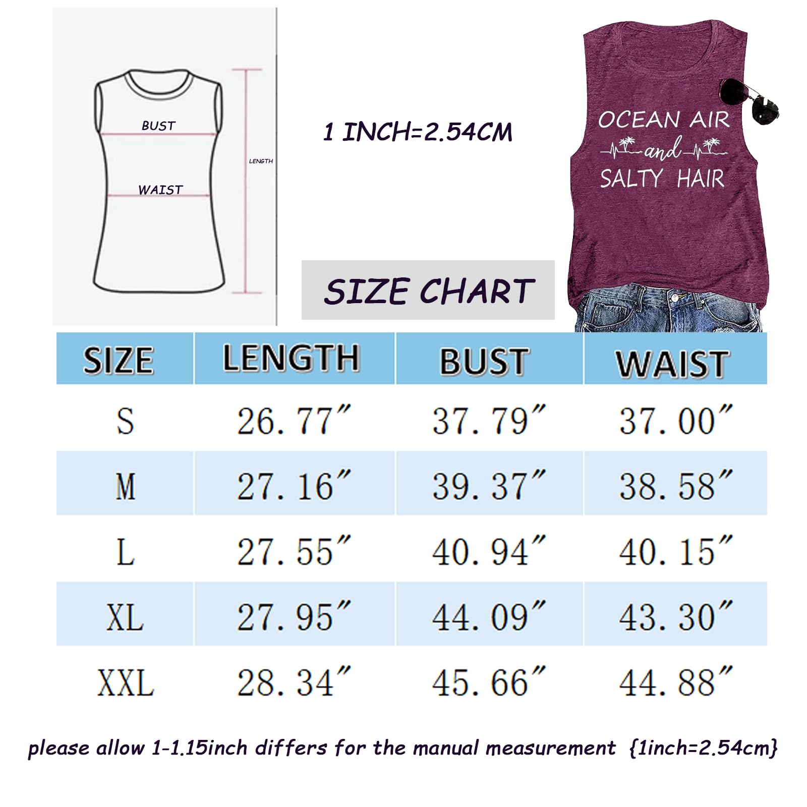 Women's Beach Tank Tops - Ocean Air & Salty Hair Graphic Sleeveless Summer Shirts for Vacation & Casual Wear | Perfect for Beach Trips, Pool Parties & Summer Outings
