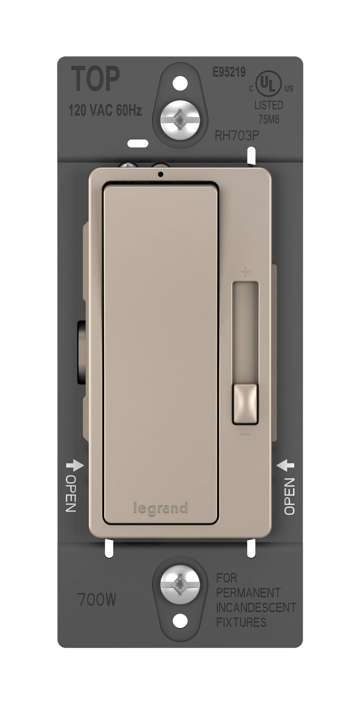 Legrand RH703PNICCV6 700W Dimmer Switch - Preset Decorator Rocker with Locator Light for Incandescent & Halogen Bulbs, Single Pole/3-Way, Nickel (1-Pack) - Perfect for Bedrooms, Living Rooms & Home Lighting Control