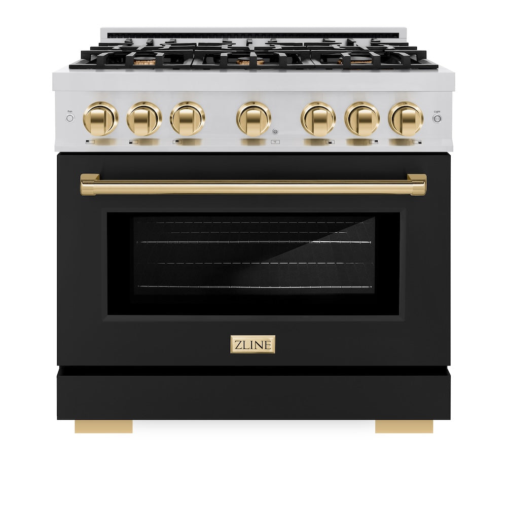 ZLINE Autograph Edition 36 Inch 5.2 Cu Ft Gas Range with 6 Burner Cooktop & Convection Oven - Stainless Steel with Black Matte Door & Polished Gold Accents - Perfect for Modern Kitchens & Professional Cooking (HGRZ BLM 36 G)