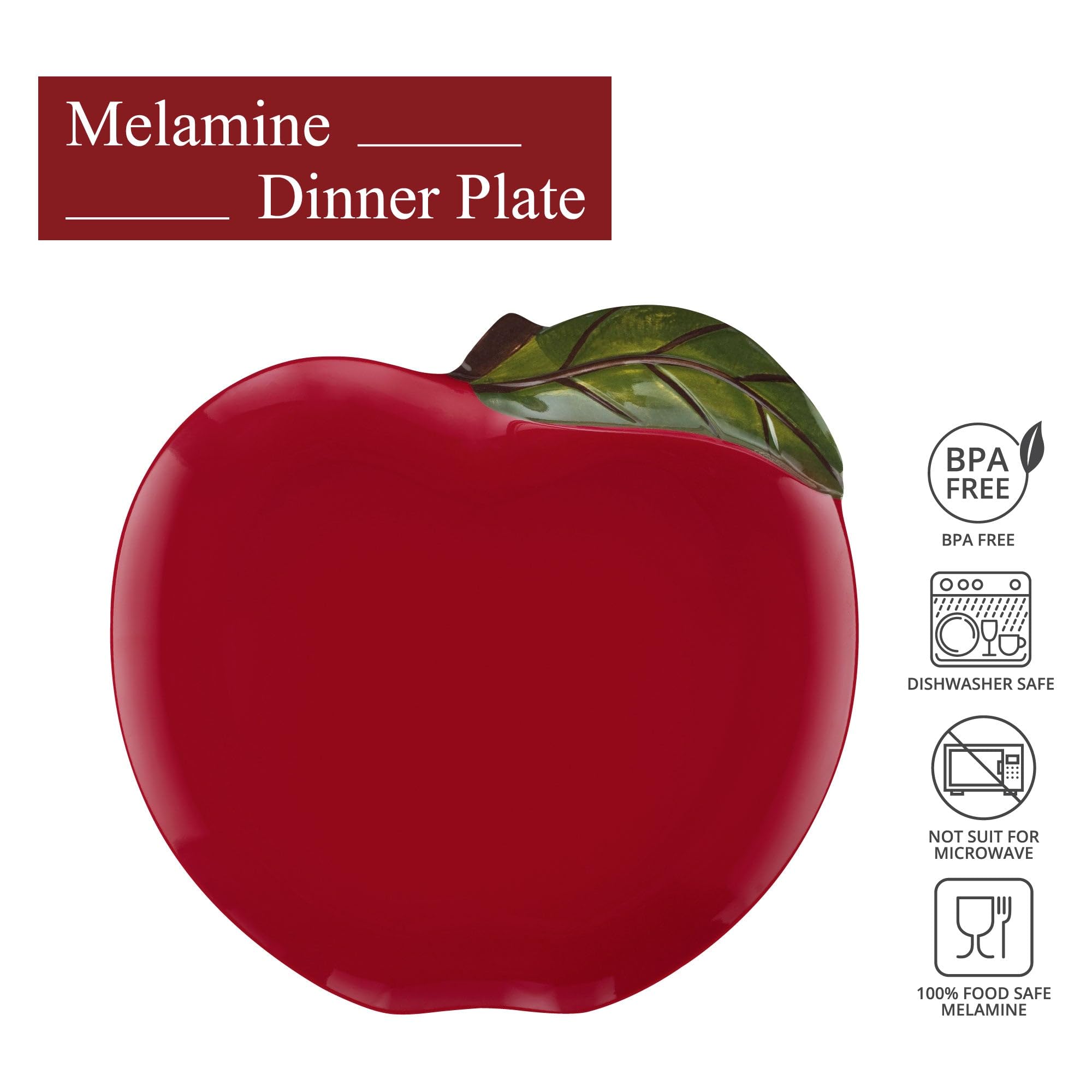 UPware Apple-Shaped Melamine Dinner Plates Set of 6 - 11 Inch BPA-Free Dishwasher Safe Plates for Main Course, Pasta & Salad - Perfect for Family Dinners, Picnics & Outdoor Dining (Red)