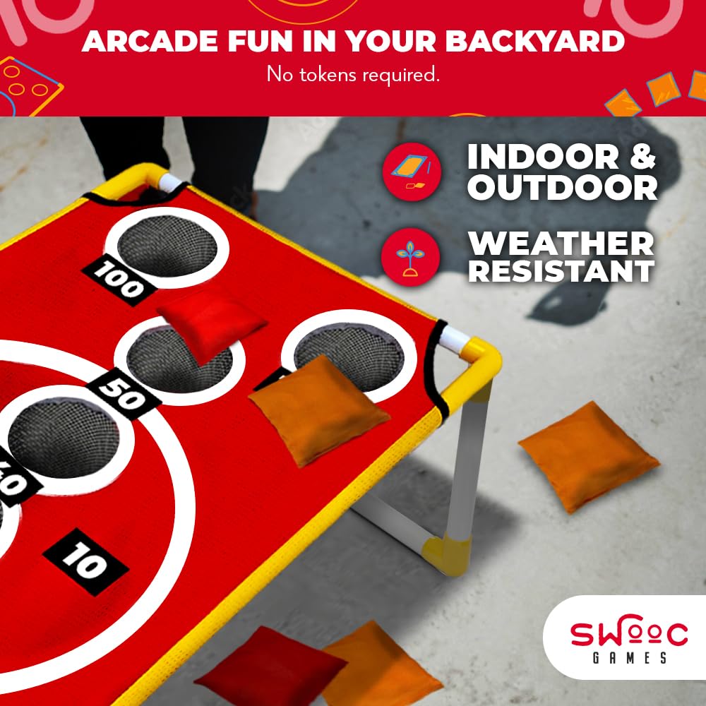 SWOOC Games - Coney Island Toss™ Arcade Style Cornhole Board Set with Carry Case & 15+ Game Variations - Premium Cornhole Game for Adults & Kids - Outdoor Bean Bag Toss Set with 8 Bags - Perfect for Backyard Parties, Tailgating, and Family Game Nights