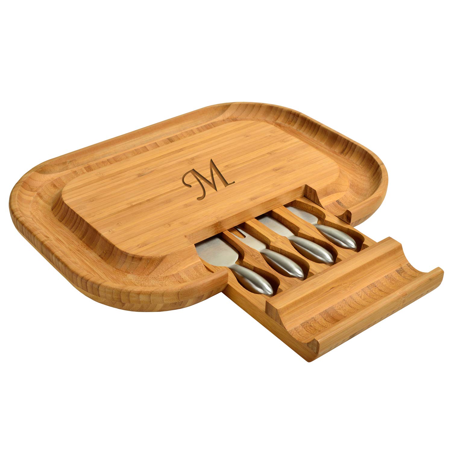 Personalized Monogrammed Bamboo Cutting Board for Cheese & Charcuterie - Engraved with Custom Initials - Includes Knife Set & Cheese Markers - Perfect for Picnics, Weddings & Housewarming Gifts - Handcrafted & Quality Checked in USA