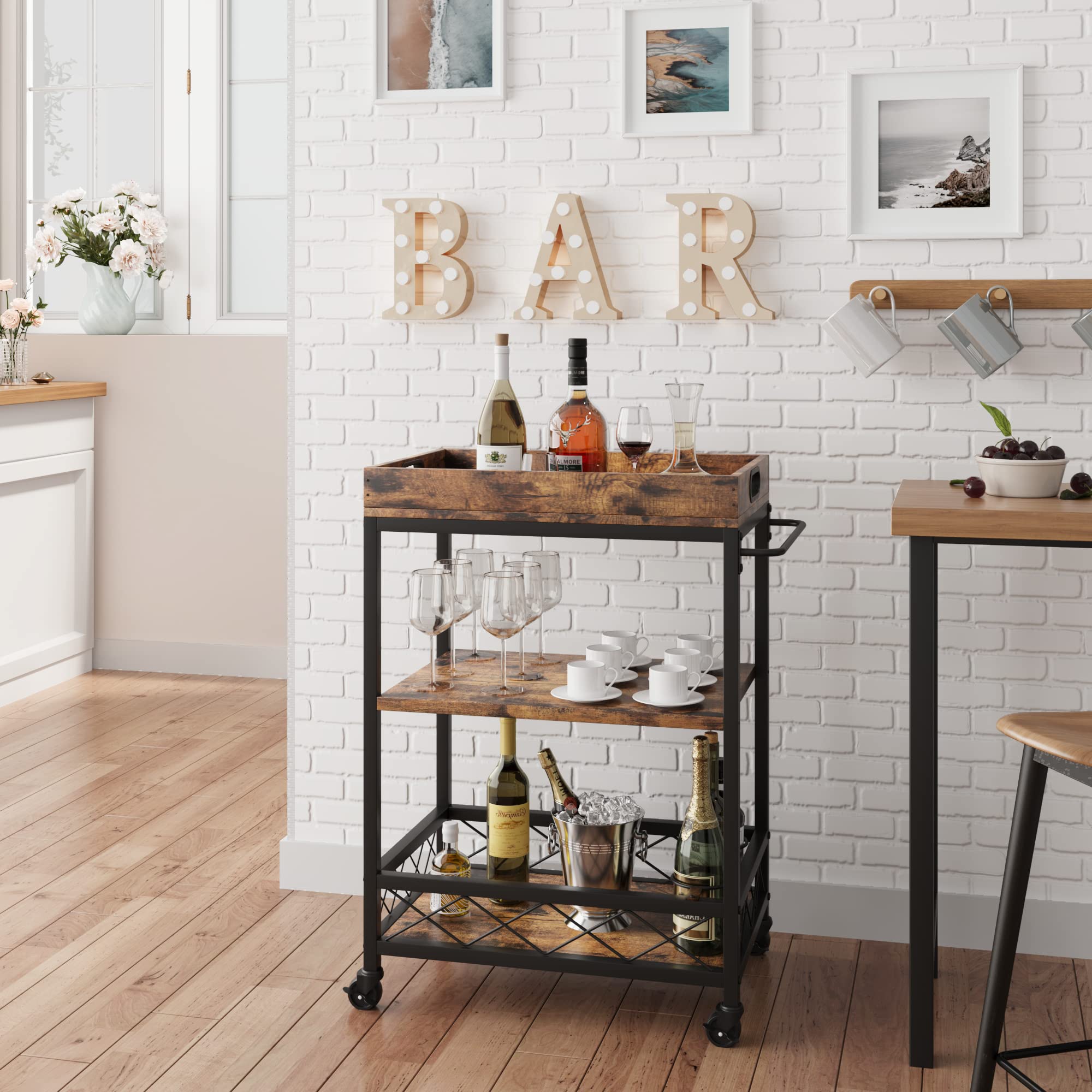 GARVEE 3-Tier Bar Cart with Wine Rack & Locking Wheels - Rustic Wooden Serving Cart with Removable Top Tray - Mobile Beverage Cart for Kitchen, Dining Room, Living Room, Bar or Outdoor Entertaining