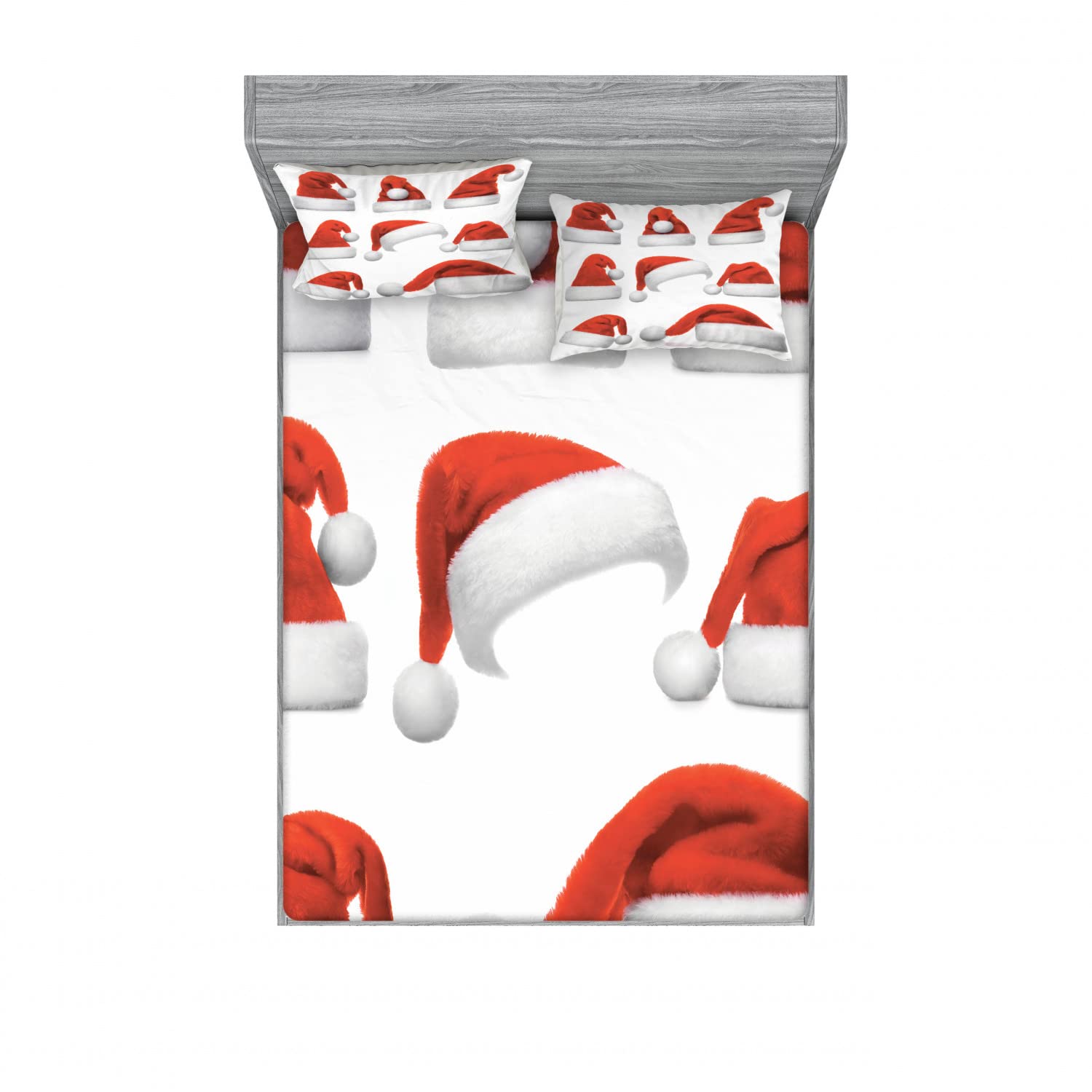 Ambesonne Christmas 2-Pack Fitted Sheet & Pillow Sham Set - Santa Hats Pattern, 4-Piece Bedding Decor (2 Twin XL Fitted Sheets & 4 Pillow Covers), Red & White - Perfect for Holiday Bedroom Decorations & Festive Home Styling