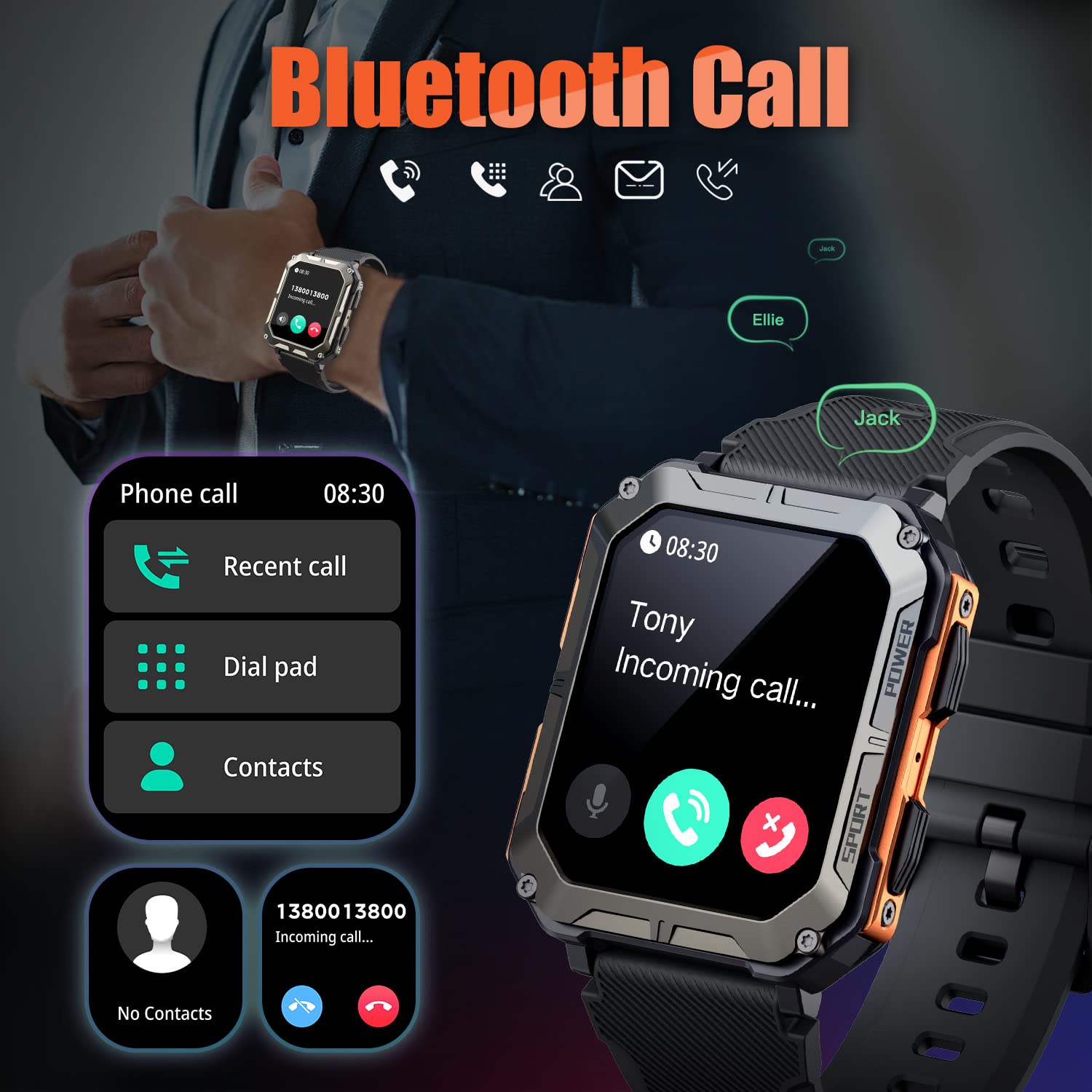 Military Rugged Smartwatch for Men - IP68 Waterproof Fitness Tracker with Call Function, 1.83