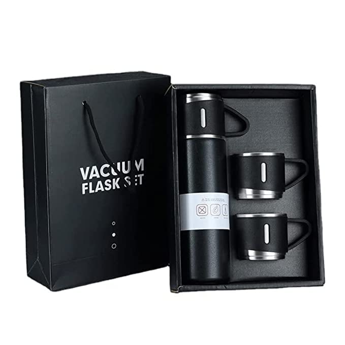 Brocli 500ml Stainless Steel Vacuum Flask Set with 3 Steel Cups - Insulated Thermos for Coffee, Tea, Hot & Cold Drinks - Perfect for Travel, Camping, Office & Outdoor Activities - Leakproof & Durable Gift Idea