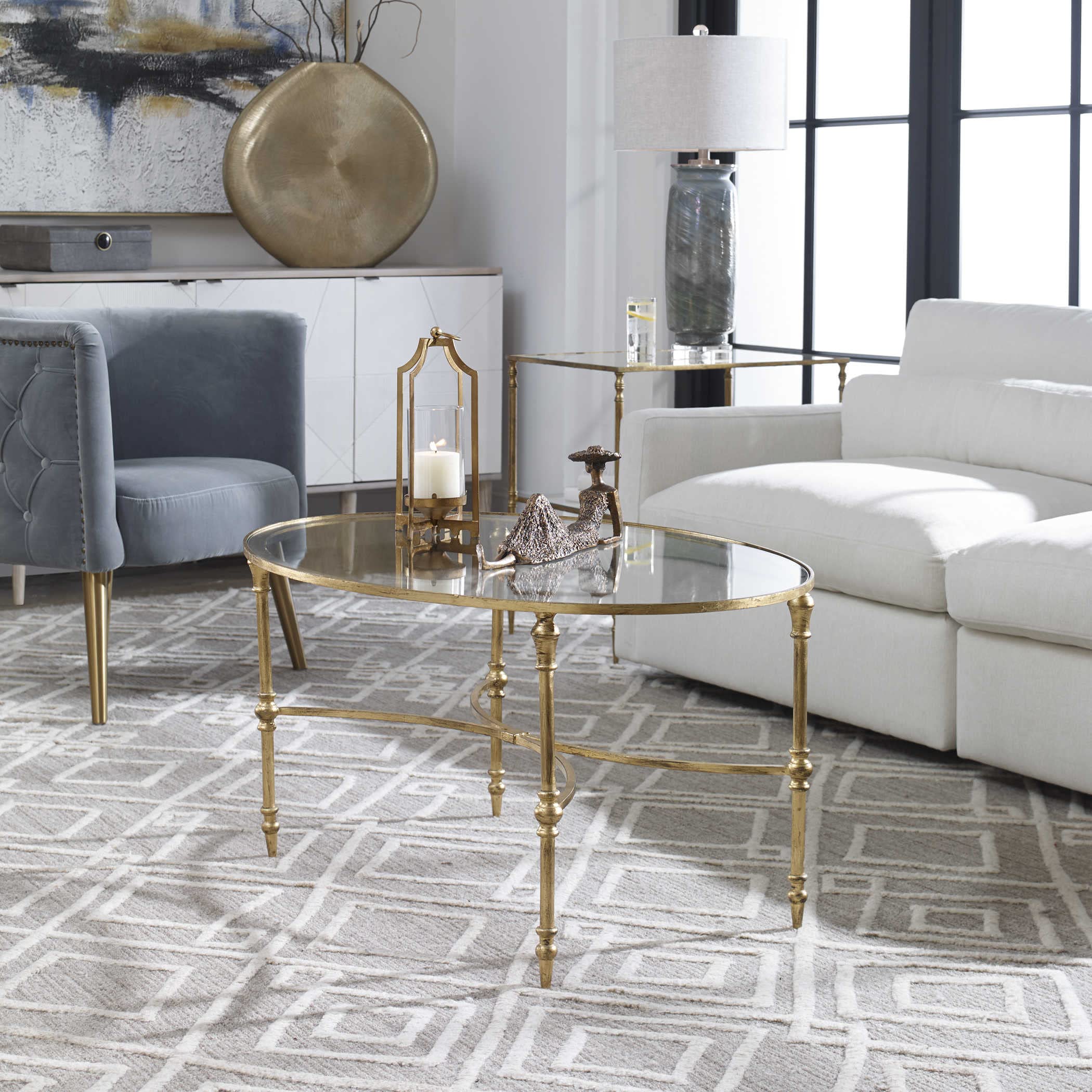 Stylish Oval Gold Metal Coffee Table - Modern Living Room Centerpiece for Home Decor & Entertaining Guests