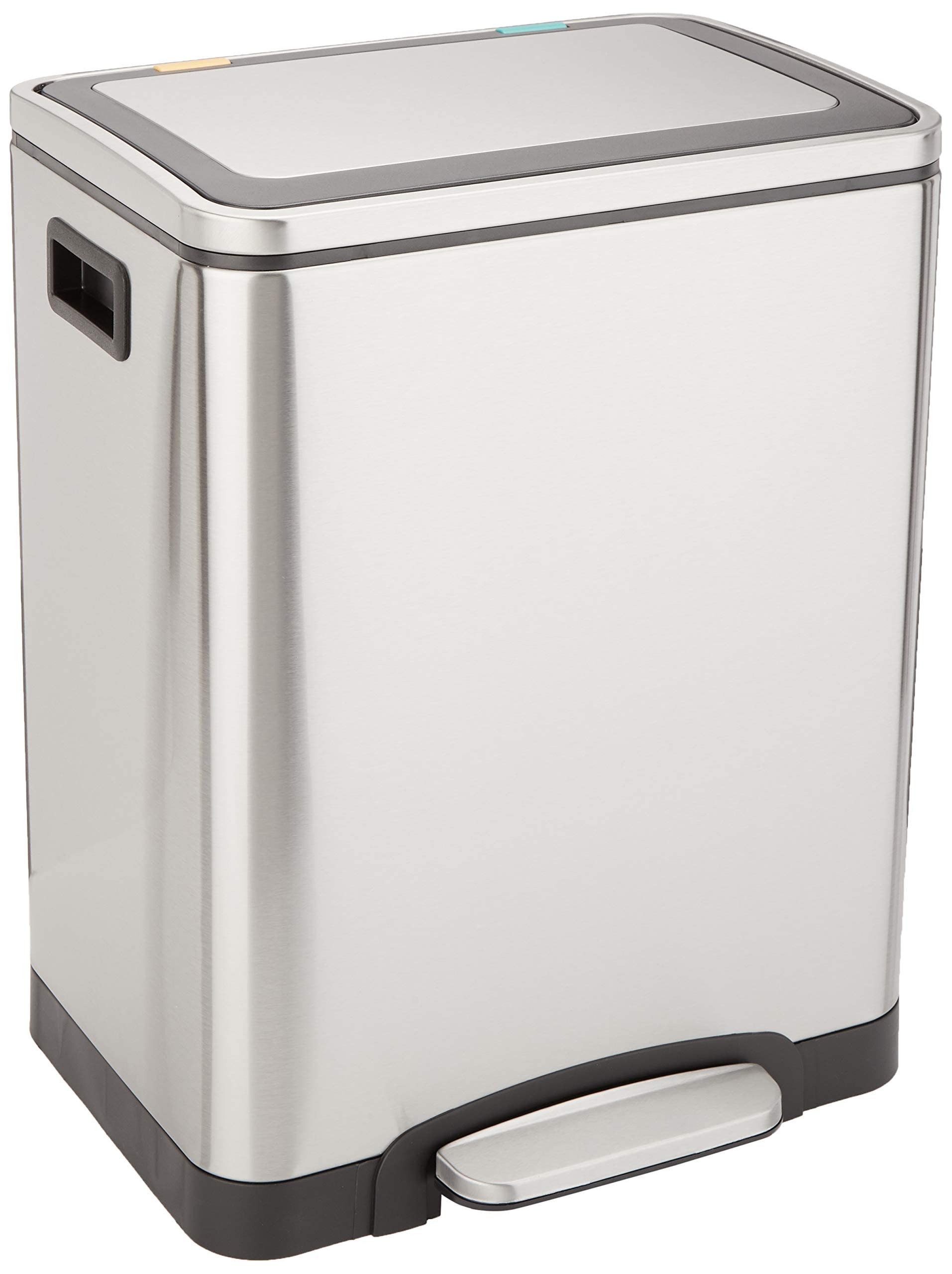 Amazon Basics 30L (2 x 15L) Rectangular Stainless Steel Step Trash Can with Dual Compartments and Soft-Close Lid - Ideal for Kitchen, Bathroom, Office, or Home Use