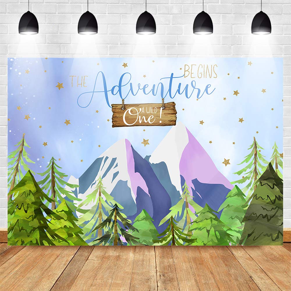 Adventure Begins Baby Shower Backdrop - 7x5ft Forest Mountain Theme with Stars, Perfect for Cake Table Decor, Photo Booth Props & Nursery Wall Decor | Ideal for Baby Showers, Gender Reveals & First Birthday Parties