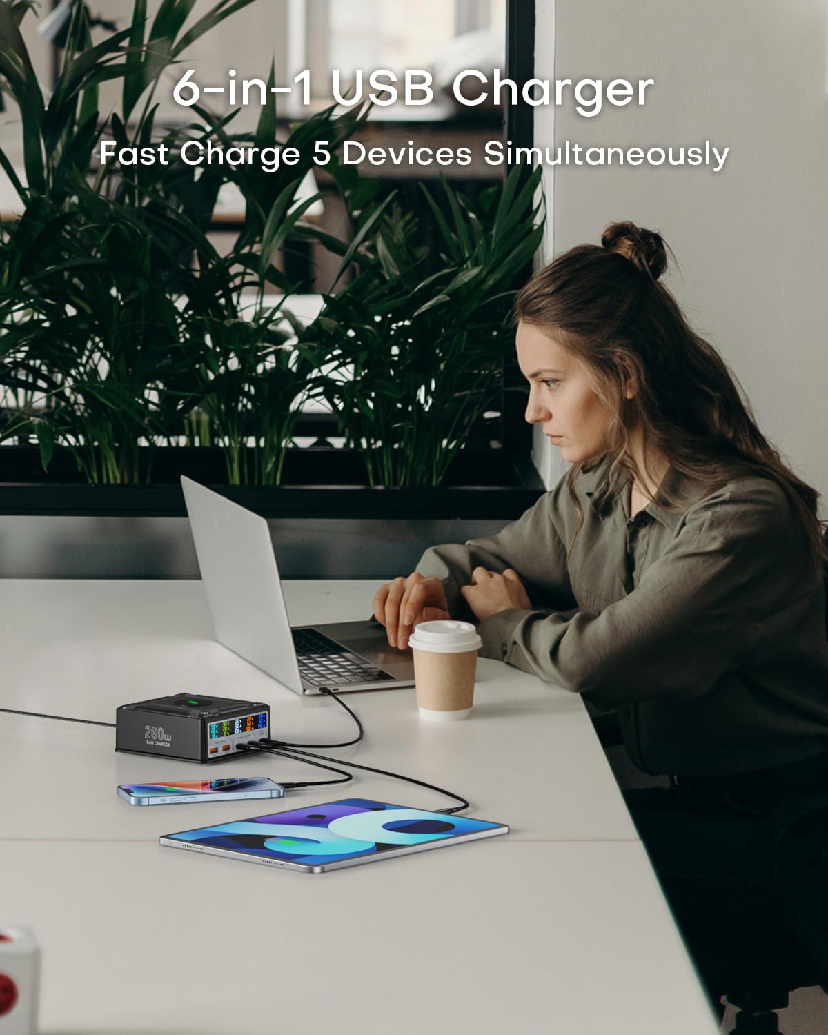 ASOMETECH 260W 5-Port USB C Charging Station with LCD Display - 140W PD3.1 GaN Fast Charger & Wireless Charging Hub for MacBook Pro/Air, iPad, iPhone, Samsung Galaxy - Perfect for Home, Office & Travel Charging Needs