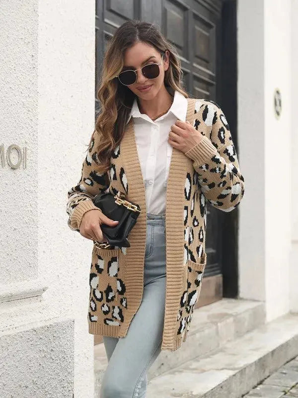 Leopard Jacquard Cardigan Sweater for Women - Soft Knit Open Front Long Sleeve Wrap Cover Up - Perfect for Fall, Winter & Cozy Home Wear