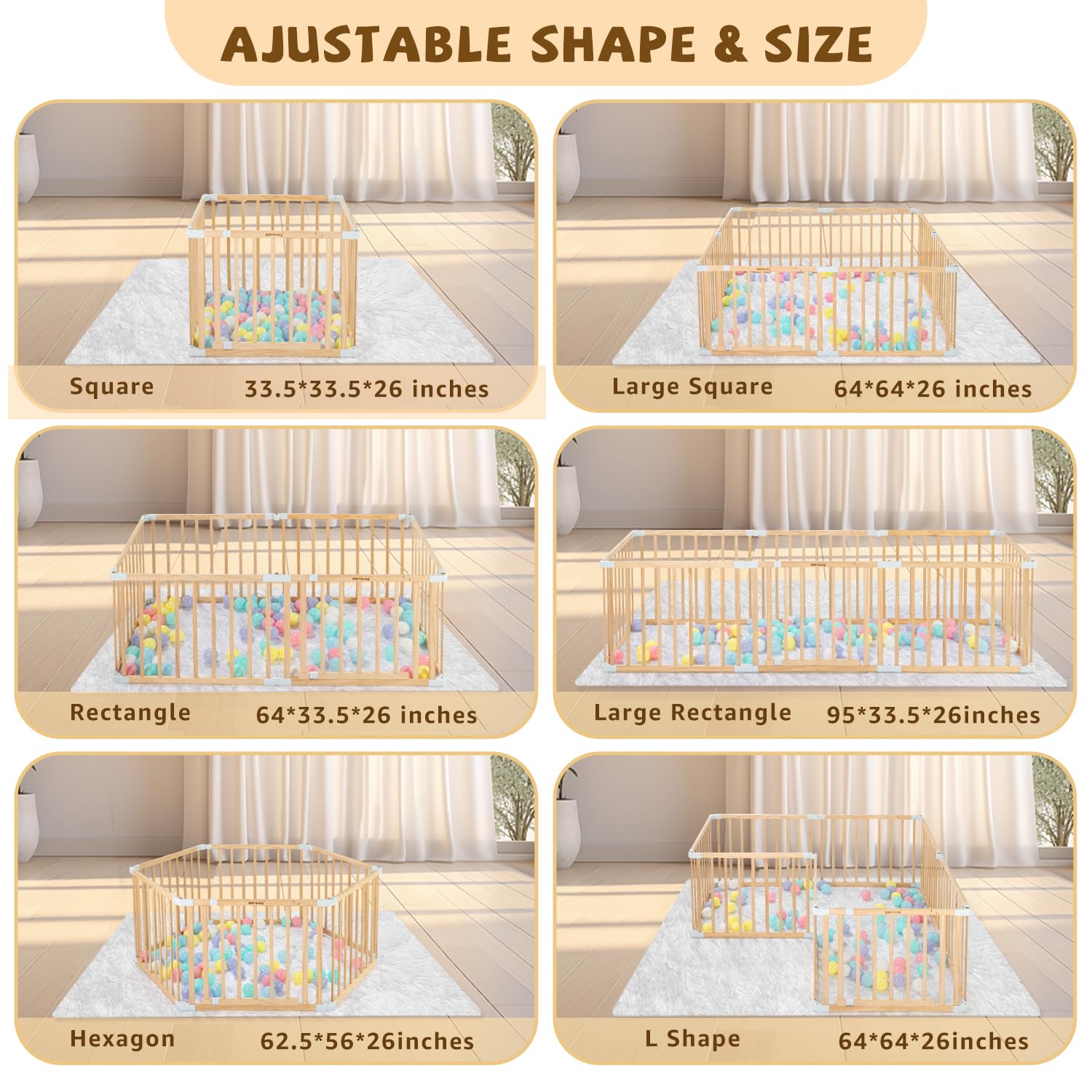 **Wooden Baby Playpen with Door - Expandable & Adjustable Toddler Play Yard, Safe Play Area for Kids Indoor & Outdoor (26