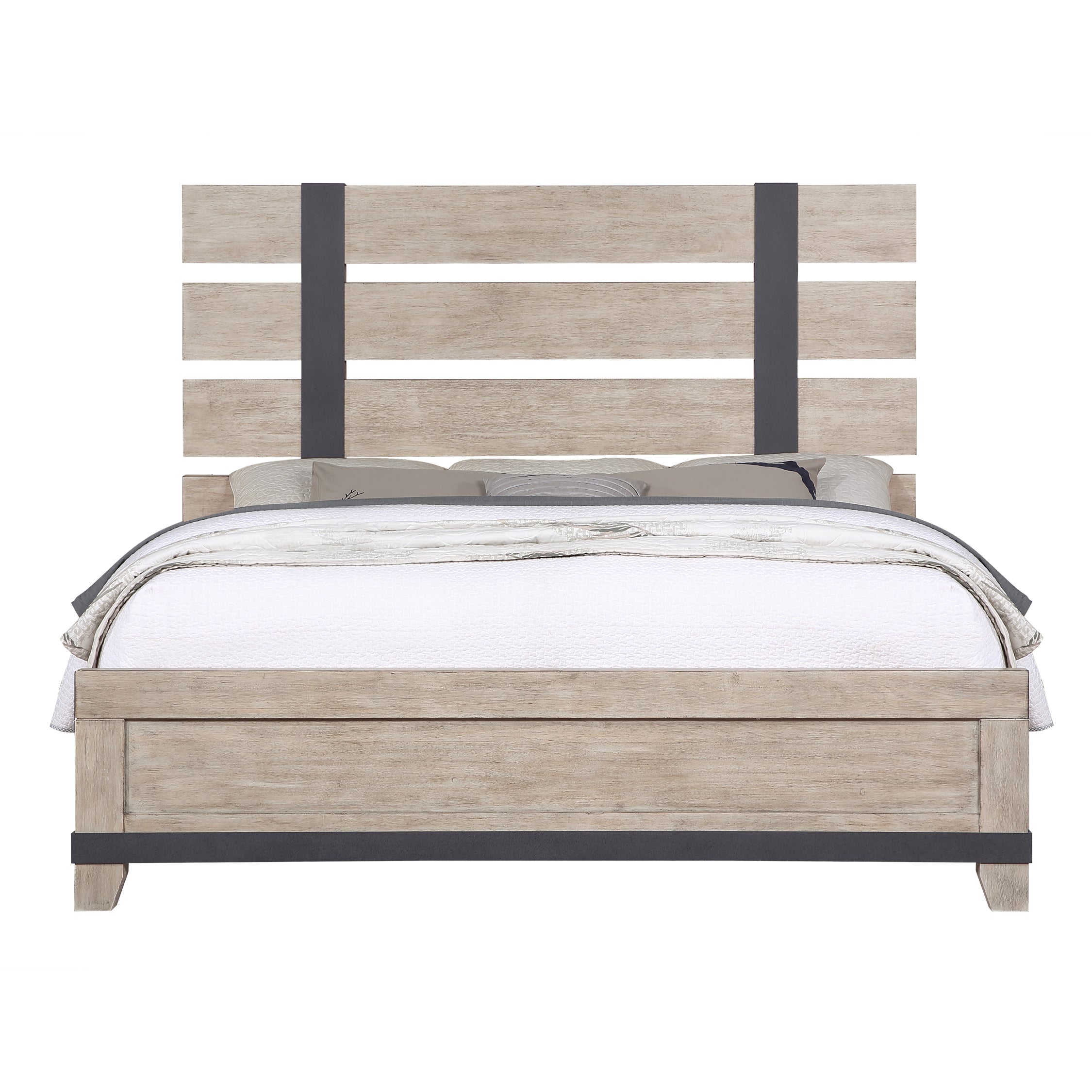 Arbela Wood Slatted Panel Bed - Queen Size, Weathered Oak Finish, Solid Wood Frame, Modern Farmhouse Style - Perfect for Bedroom, Guest Room, and Home Decor