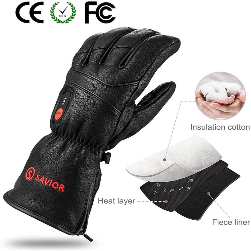 Savior Winter Heated Leather Gloves - 7.4V Rechargeable Battery, Touchscreen Compatible - Perfect for Skiing, Snowboarding & Outdoor Winter Activities