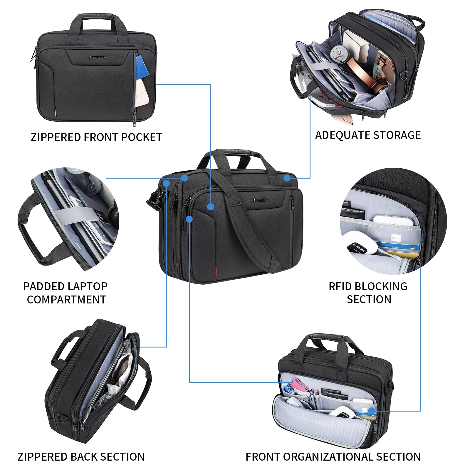 EMPSIGN Stylish 17.3 Inch Expandable Laptop Briefcase for Men - Water Repellent & RFID Blocking Messenger Bag - Perfect for Business Travel, Office Work & Daily Commute - Durable Shoulder Bag for Professionals - Black
