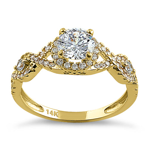 14K Yellow Gold Regal Twist Halo Round Cubic Zirconia Engagement Ring for Women - Perfect for Proposals, Anniversaries & Special Occasions