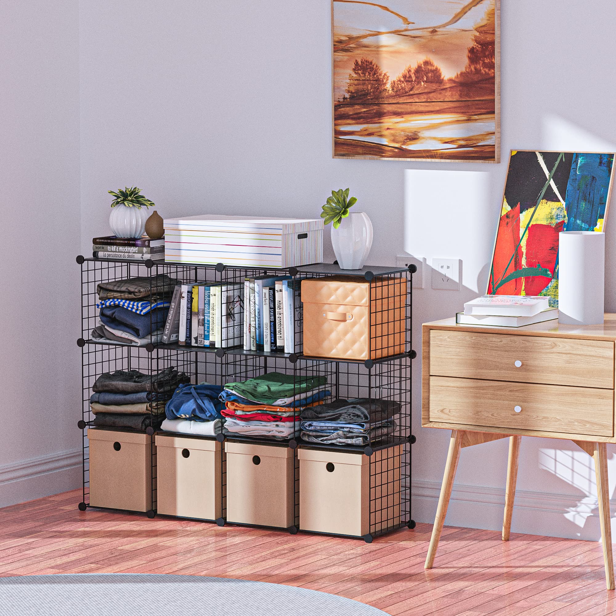 HUBSON 12-Cube Wire Storage Organizer - Freely Combinable Metal Grid Shelf for Books, Toys, Crafts, Potted Plants & Pet Supplies | Space-Saving Closet & Home Organization Solution (Black, Iron Frame)