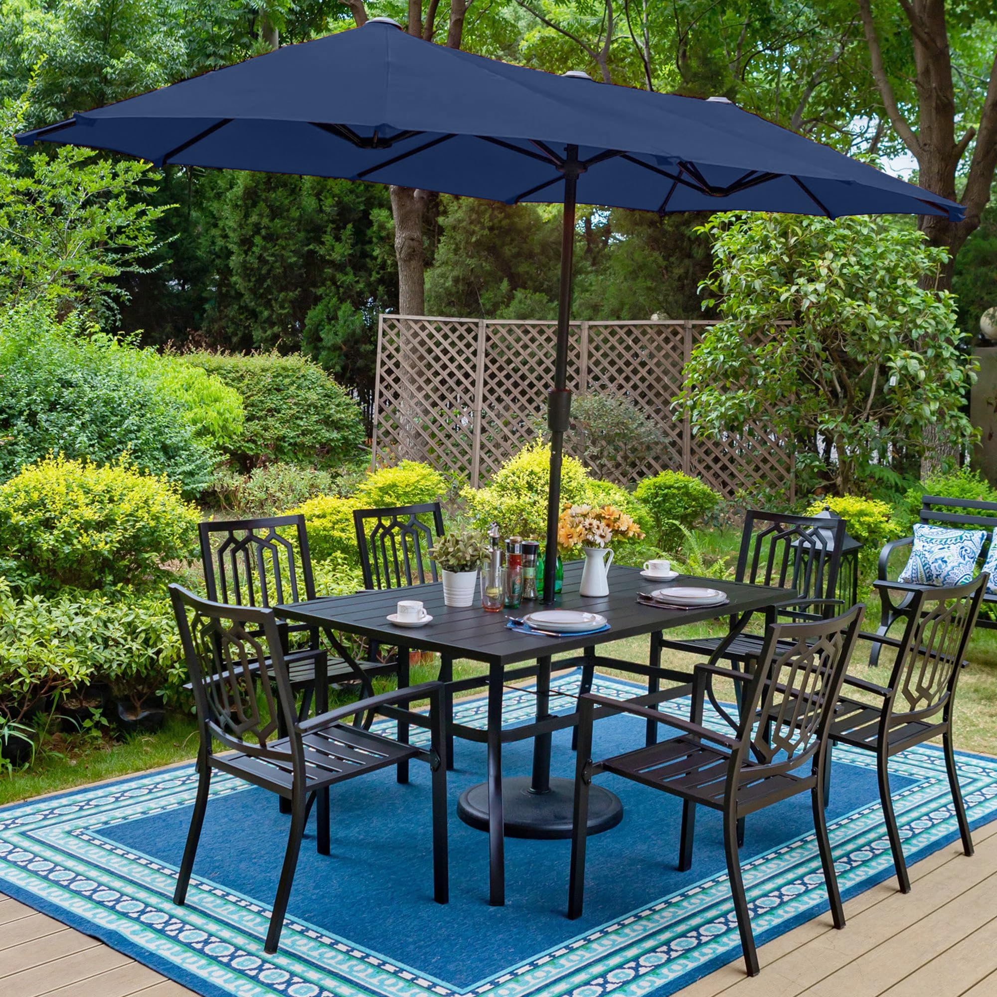 PHI VILLA 8-Piece Outdoor Patio Dining Set with 13ft Double-Sided Umbrella (Navy Blue) - 6 Stackable Metal Chairs & 60