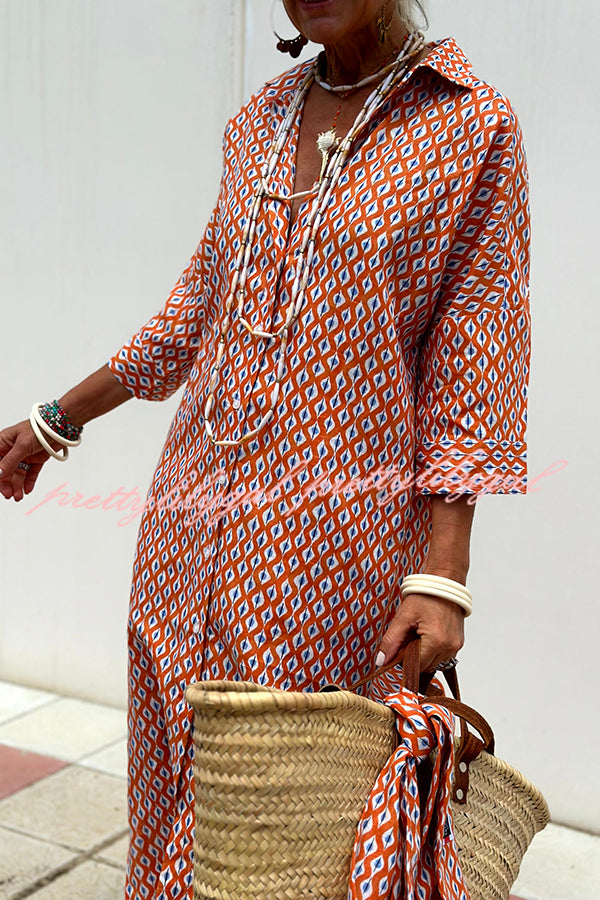 Summer Splendor Printed Button Half Sleeve Belt Loose Shirt Midi Dress - Flowy Boho Chic Outfit for Beach Vacation, Date Night & Casual Wear