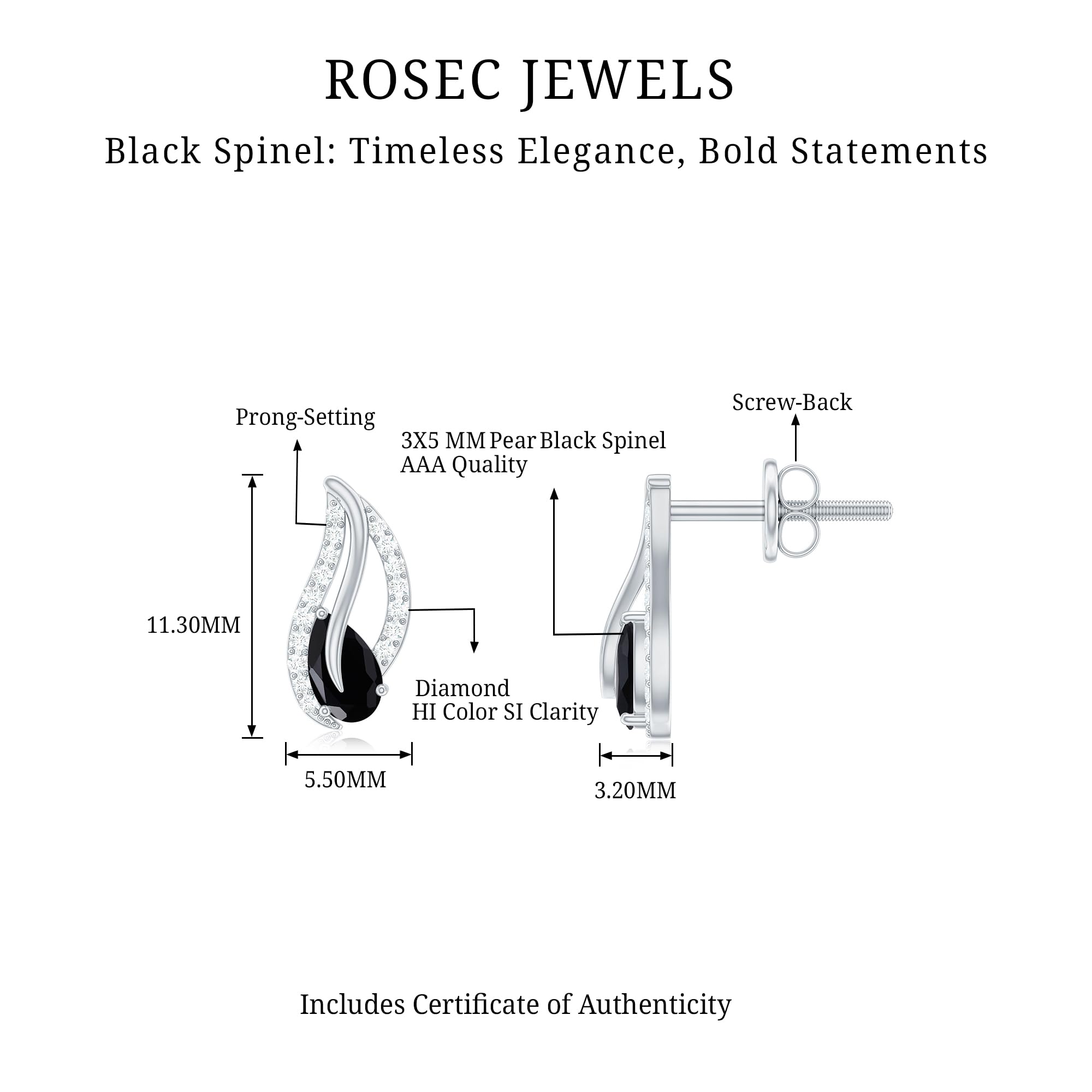Certified AAA Quality Black Spinel Diamond Stud Earrings with Screw Back - Natural Spinel Jewelry for Women | Perfect Gift for Birthday, Anniversary & Special Occasions