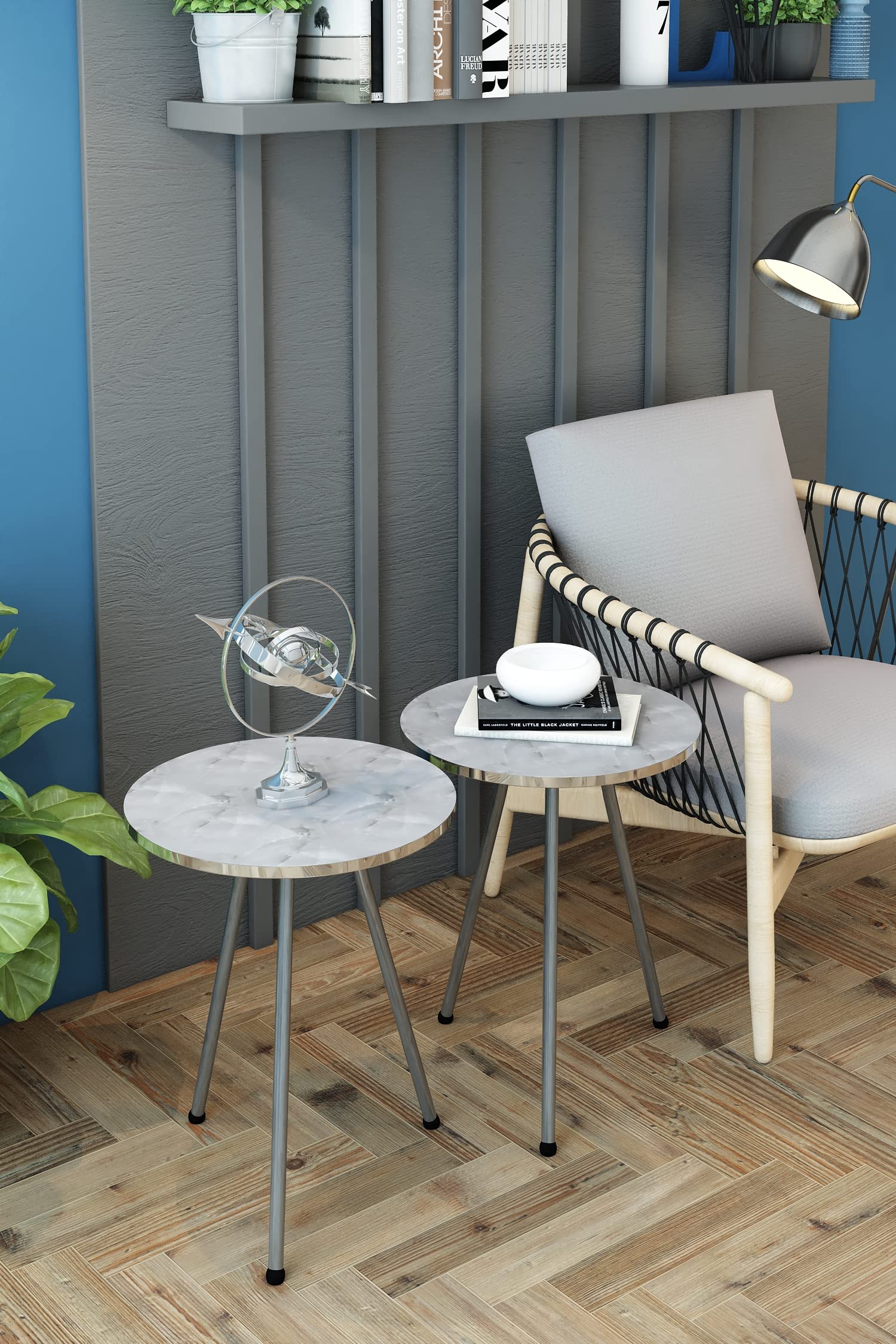 Set of 2 Round Nesting Side Tables - White Marble Look Wood End Tables with Silver Legs, No-Tools Assembly Nightstand for Small Spaces | Perfect for Living Room, Bedroom & Studio Apartment