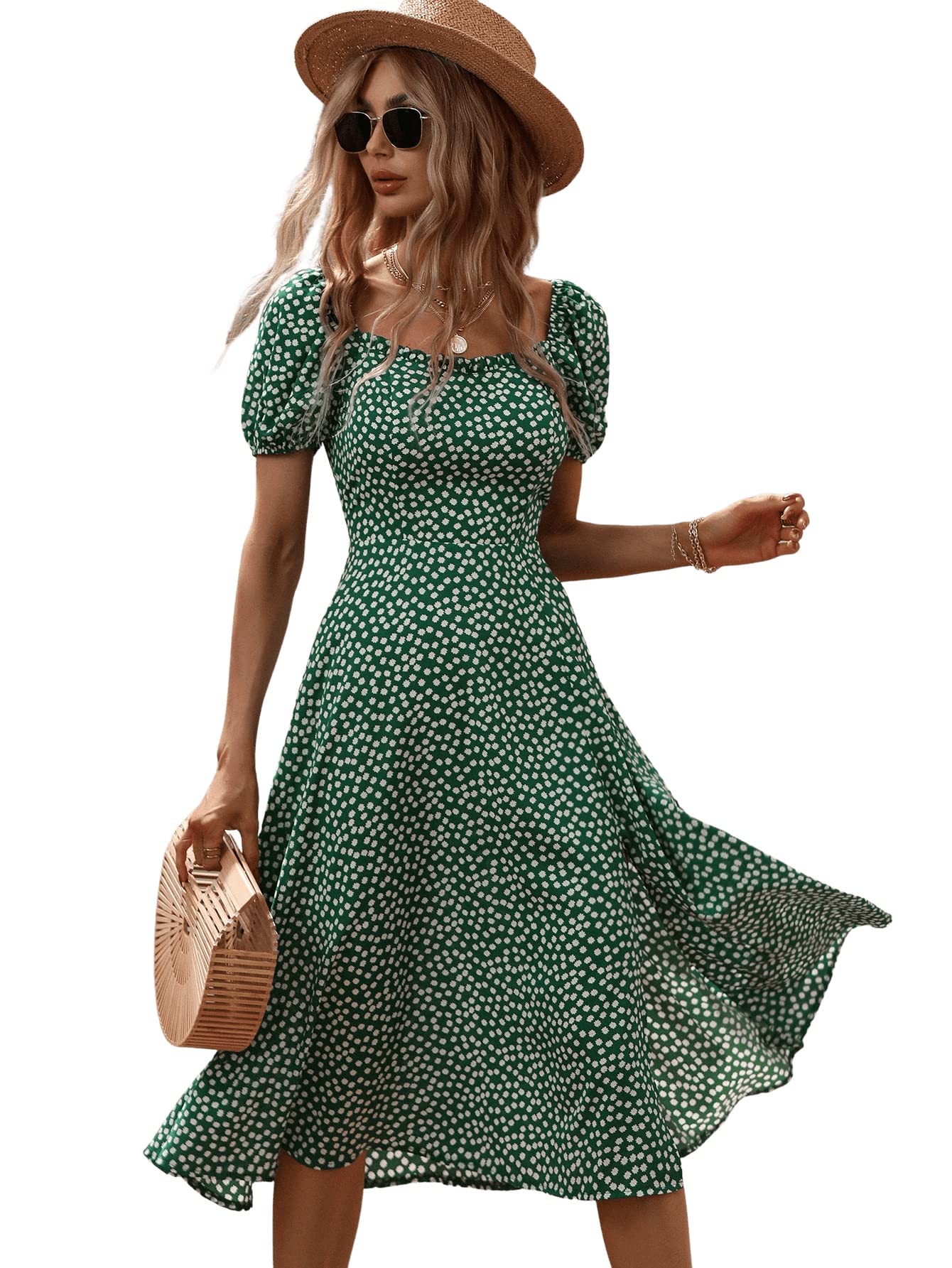 SweatyRocks Women's Boho Floral Midi Dress - Short Puff Sleeve, A-Line Flare with Slit | Perfect for Summer Outfits, Beach Vacations & Boho Chic Style