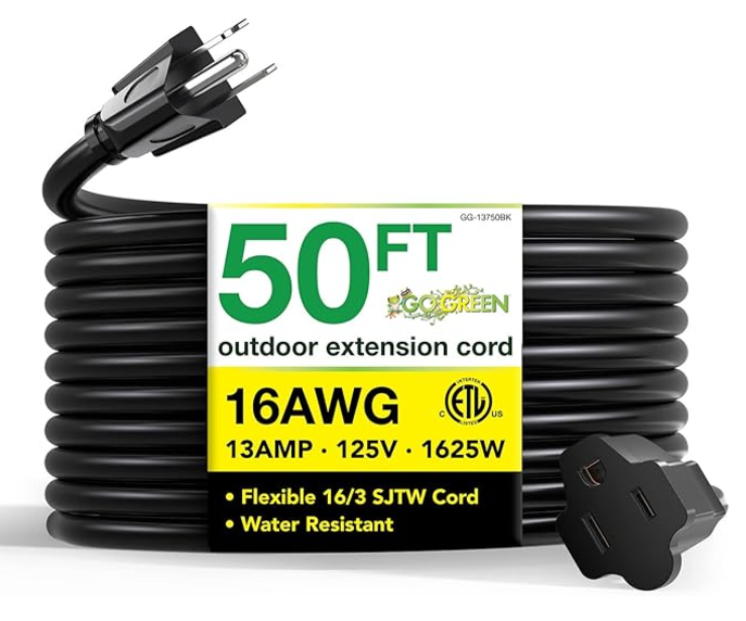 Go Green Power Inc. 16/3 50ft Black Outdoor Extension Cord - Heavy Duty, Waterproof, Weatherproof for Power Tools, Garden Equipment & Outdoor Use