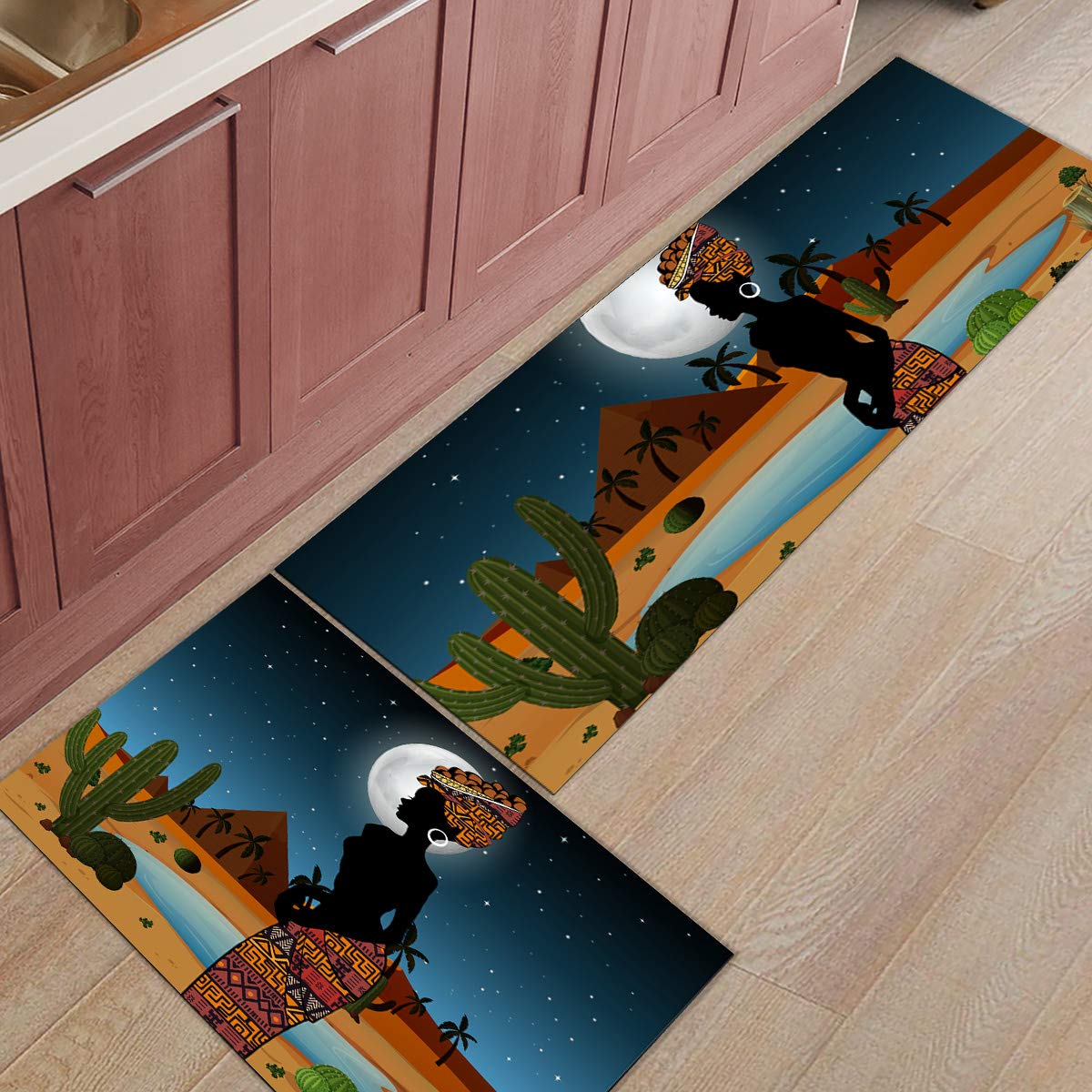 Premium Anti-Fatigue Kitchen Mats Set - 2-Piece Non-Slip Cushioned Floor Rugs for American & African American Women (Cactus Midnight Design) - Washable, Durable for Cooking, Baking & Dishwashing Areas
