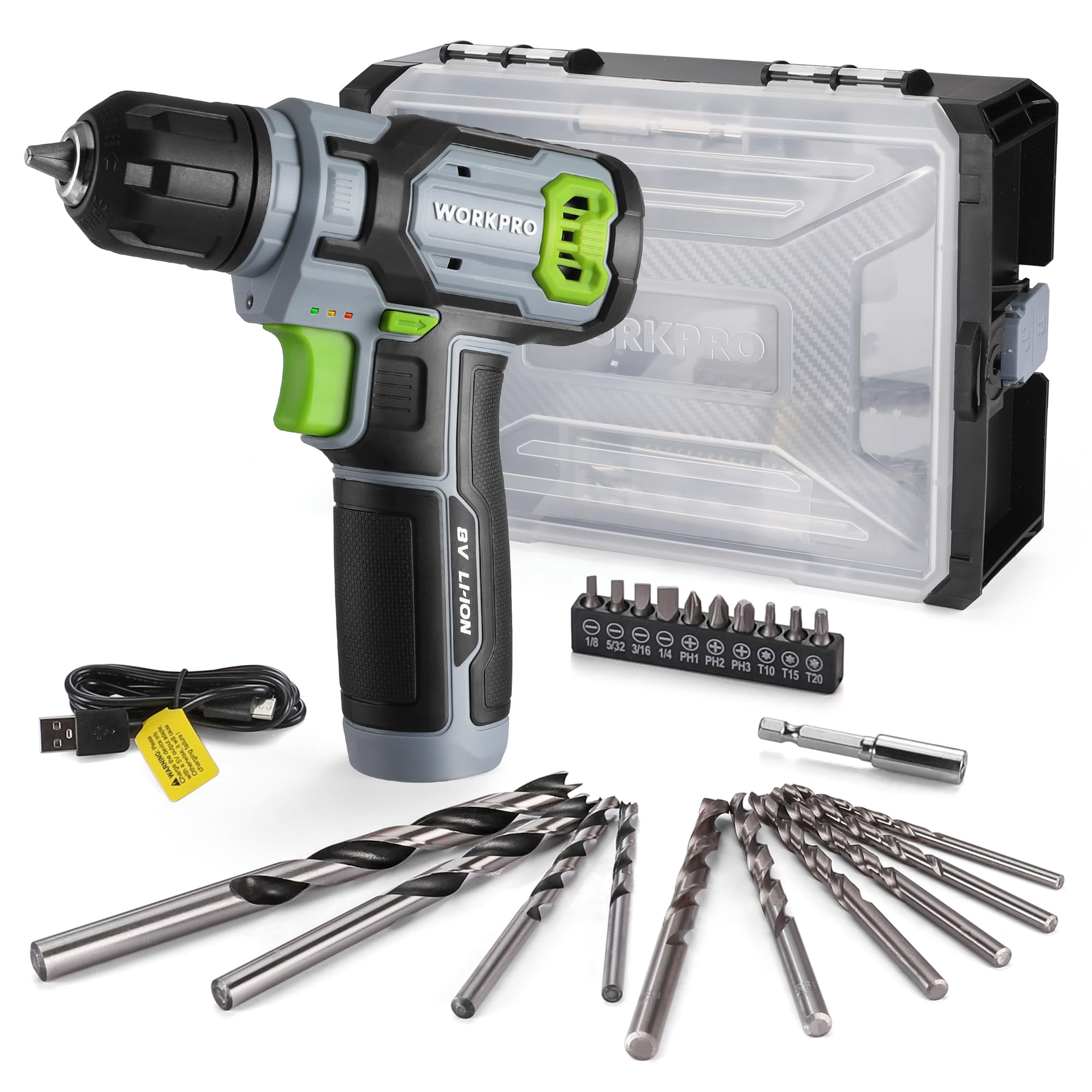 WORKPRO 8V Cordless Drill Driver Kit with Stackable Tool Box, 2.0Ah Battery & 3/8