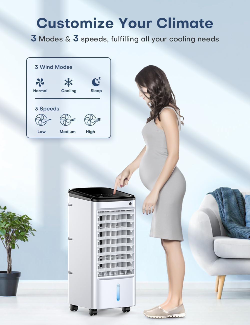 TEMEIKE Portable Evaporative Air Cooler - 3-Speed Windowless AC with 12H Auto-Off Timer, 6 Ice Packs & Smart Remote - Dual Tank Swamp Cooler for Bedroom, Office, Living Room & Outdoor Use