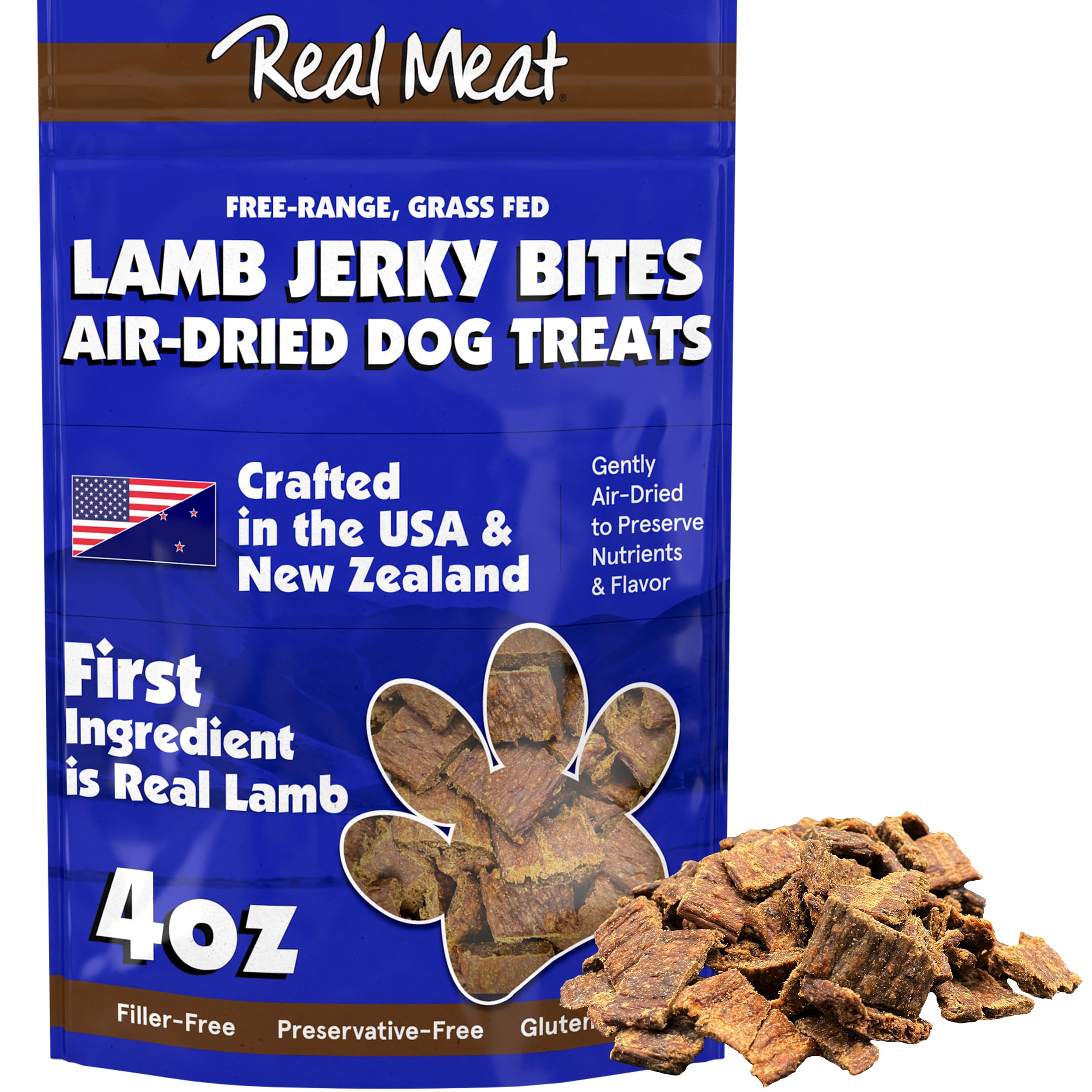 Premium Air-Dried Lamb Jerky Dog Treats - 4oz Grain-Free, High Protein Snacks - 95% Human-Grade Grass-Fed Free-Range Lamb - All Natural Bite-Sized Training Rewards for Small & Large Dogs - Perfect for Training, Travel & Outdoor Adventures