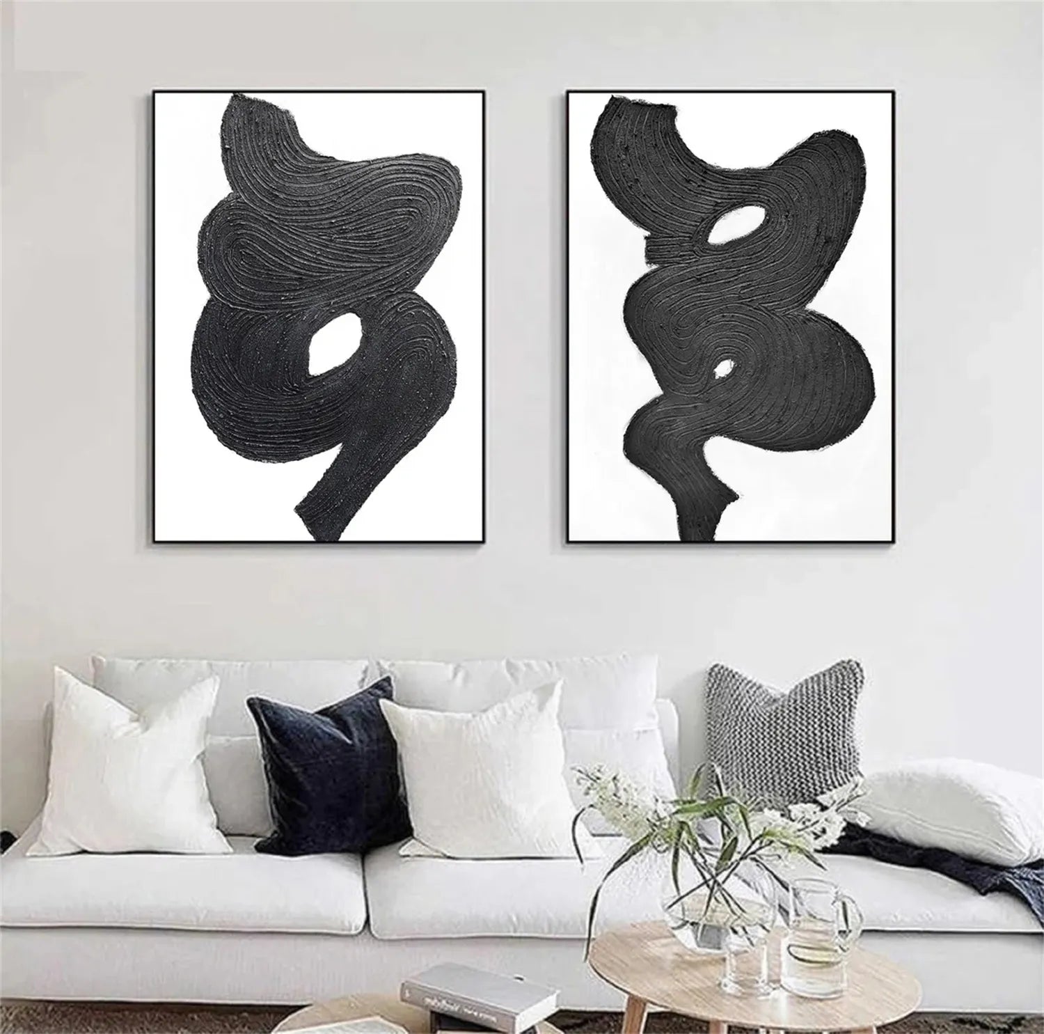 Black and White Textured Minimalist Wall Art Set of 2 - Modern Abstract Canvas Paintings for Living Room, Bedroom & Office Decor #MZ114