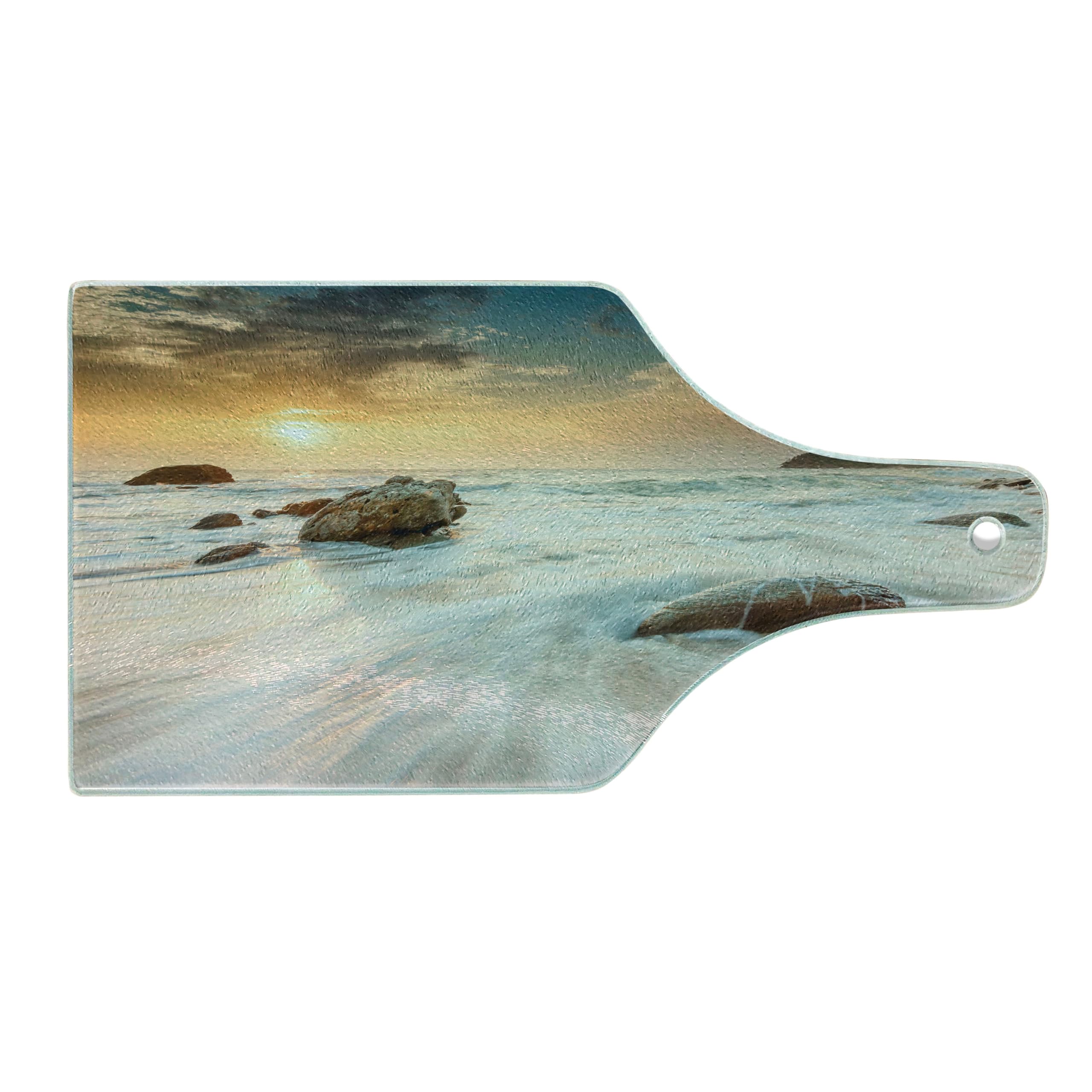 Ambesonne Beach-Themed Tempered Glass Cutting Board - Grand Sea Waves & Horizon Sky Design - Decorative Serving Board for Cheese, Charcuterie & Wine - Cream Blue White - Perfect for Beach Parties, Picnics & Holiday Entertaining