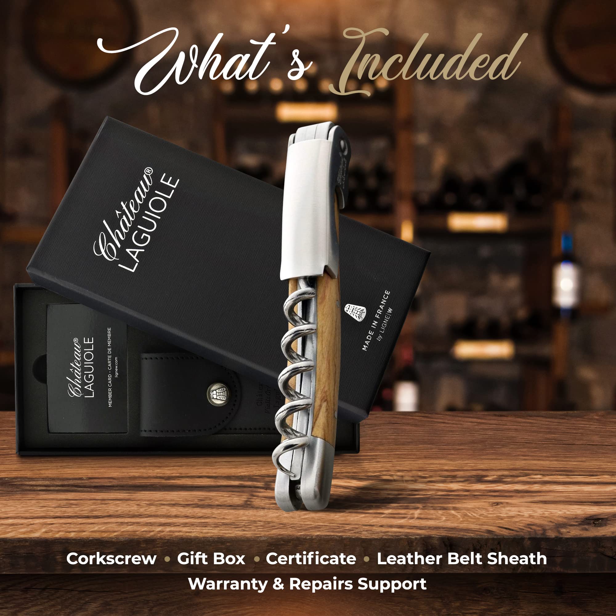 Chateau Laguiole Classic French Wine Opener - Premium Olive Wood Corkscrew with Leather Sheath & Gift Box - Perfect for Wine Lovers, Dinner Parties & Gifts