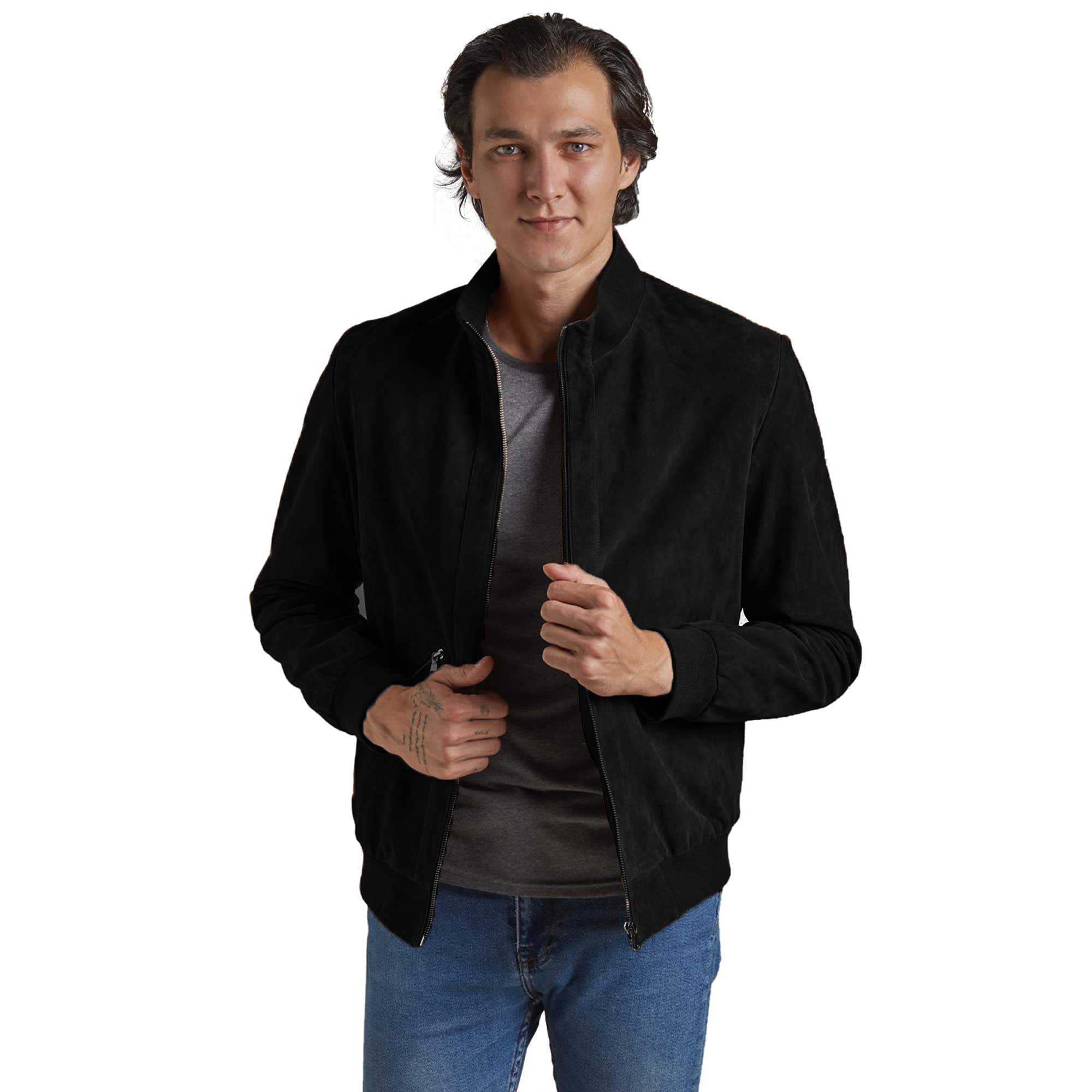 Vintage Men's Black & Tan Brown Suede Leather Bomber Jacket - Classic Retro Aviator Style for Casual Wear, Date Night & Fall Fashion