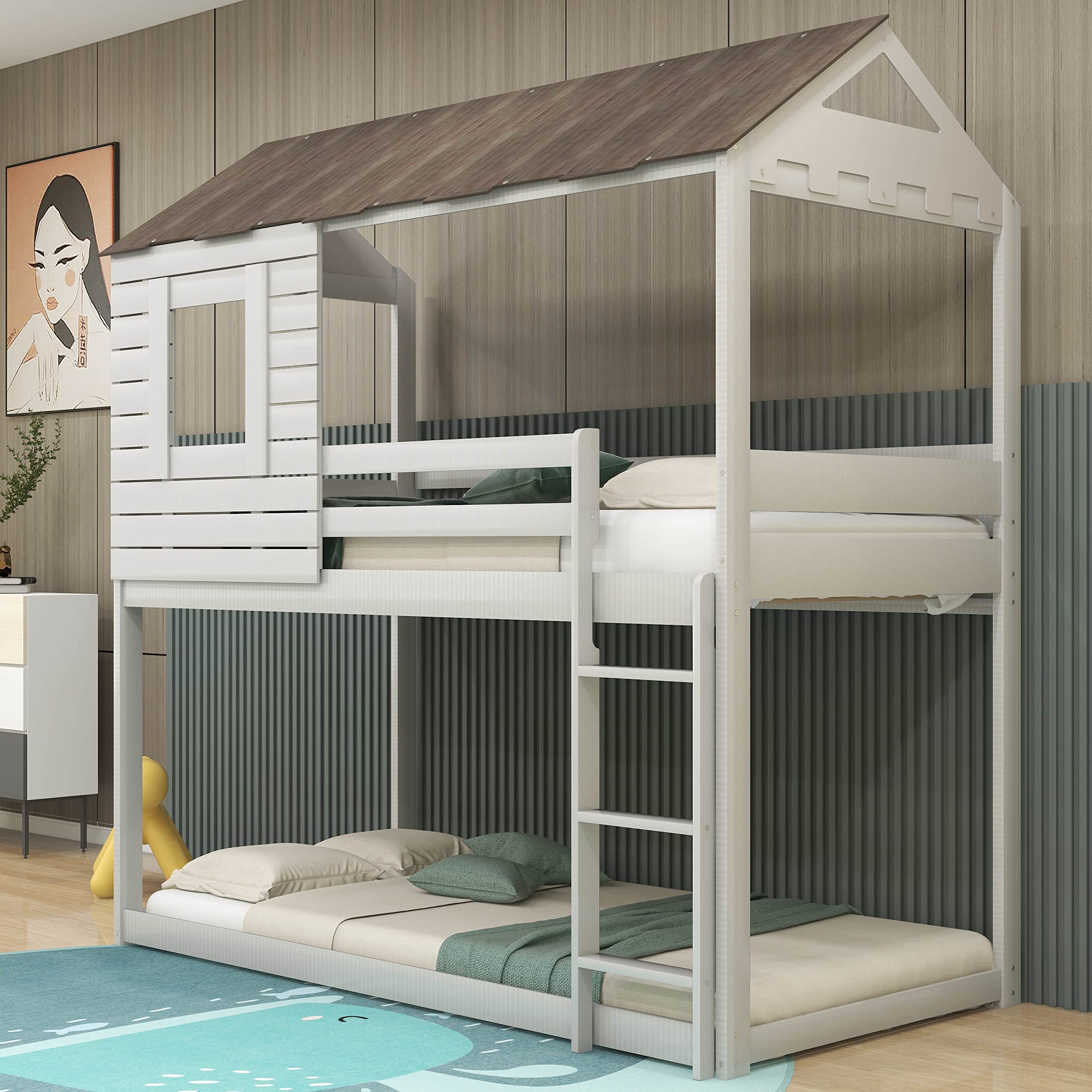 **HQNFURX Twin Over Twin Bunk Bed with Window, Guardrail & Ladder - Low Loft Wooden House Bed Frame with Roof for Kids, Teens, Boys & Girls - No Box Spring Needed - Perfect for Small Bedrooms, Shared Rooms & Play Areas**