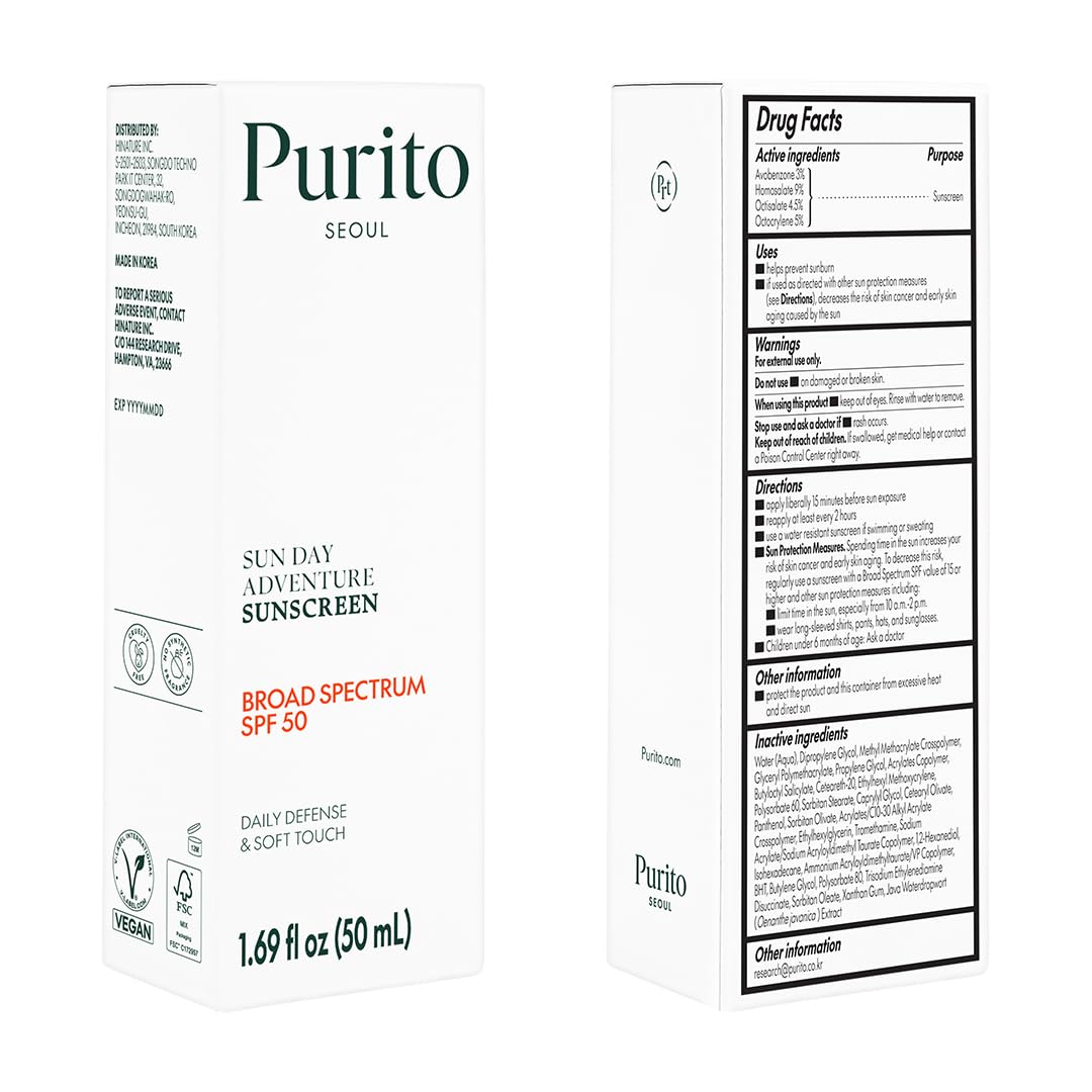 PURITO Sun Day Adventure Korean Sunscreen SPF 50 PA++++ - Broad Spectrum UVA/UVB Protection, Lightweight Non-Greasy Formula, No White Cast, Oil-Free & Vegan - Daily Face Sunscreen for Sensitive Skin (50ml/1.69 fl.oz) - Perfect for Outdoor Activities, Beach Days & Daily Sun Protection